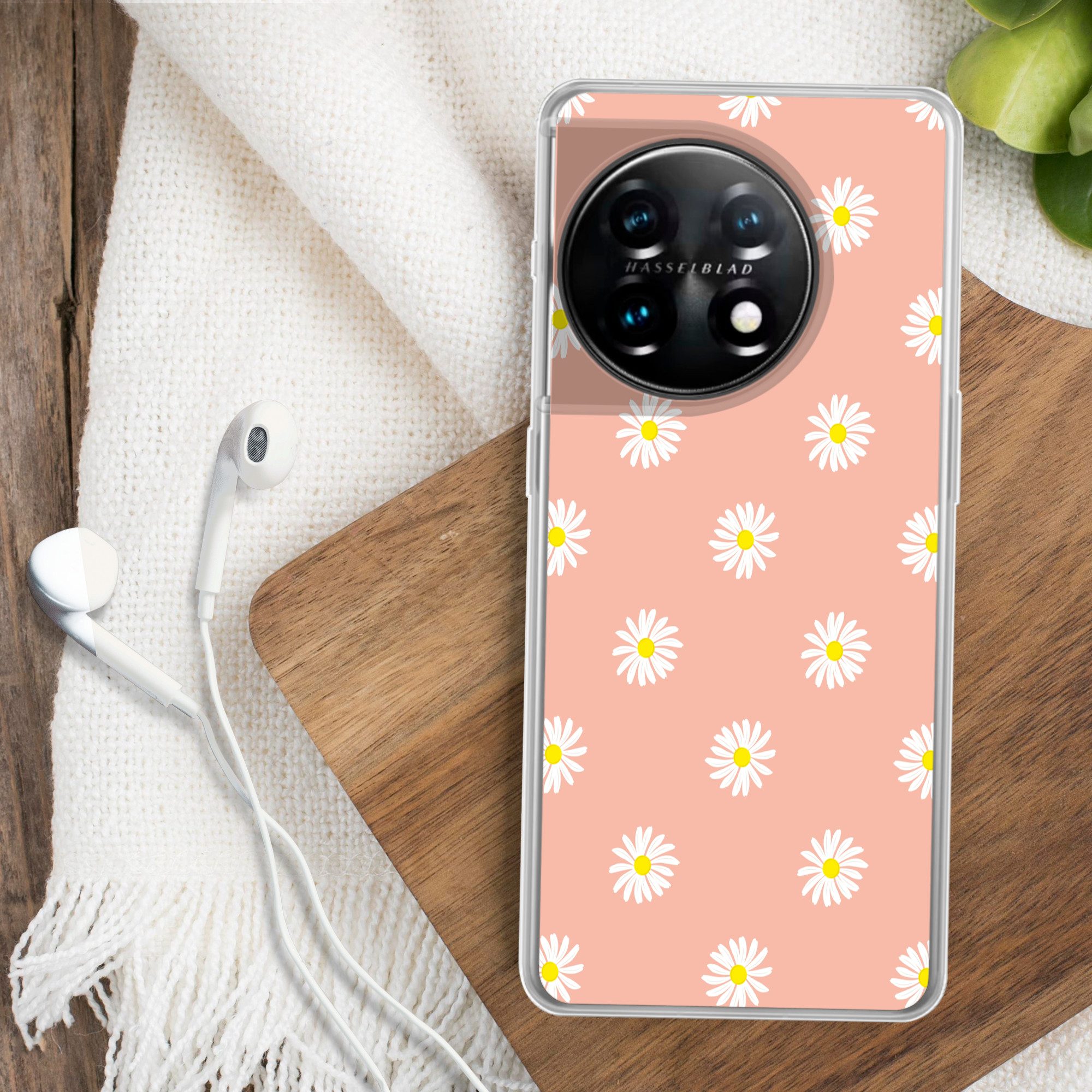 MuchoWow Handyhülle für OnePlus 11 Gänseblümchen - Pastell - Weiß - Rosa - Blumendruck, Handy Case, Silikon, Bumper Case Dünn