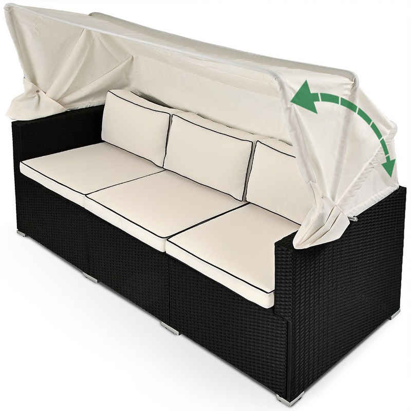 Casaria Gartenbank Schwarz, Polyrattan Gartensofa Lounge Schwarz Faltbares Dach 7cm Dicke Auflage