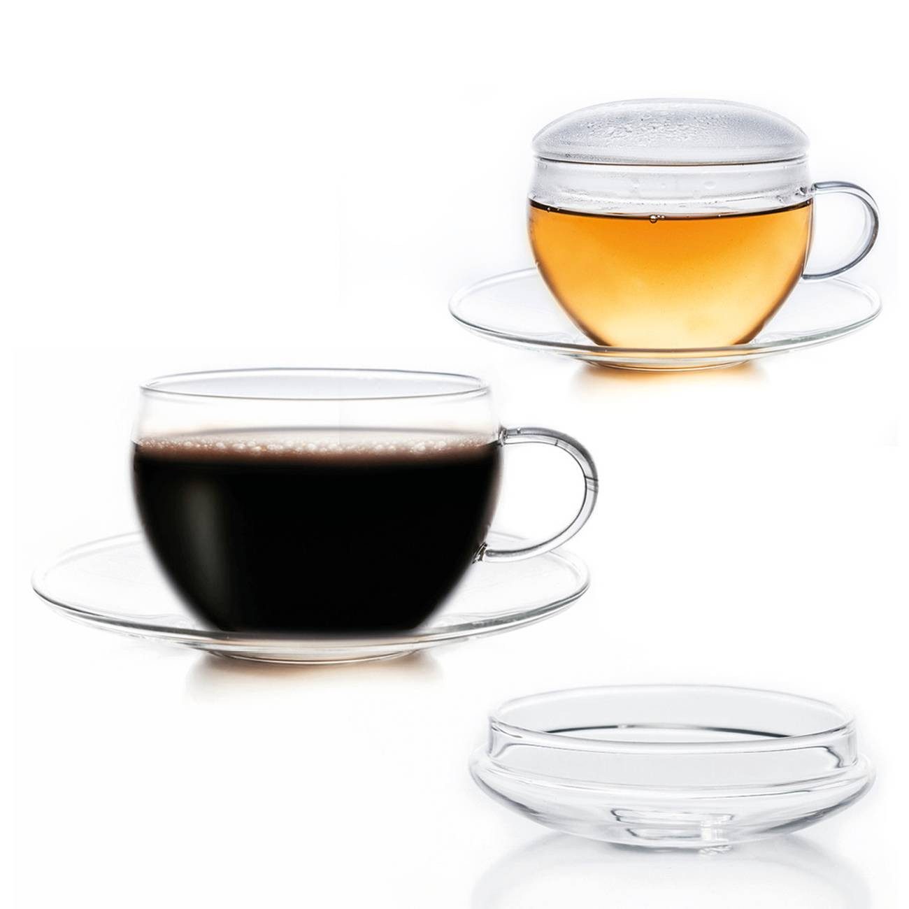 Creano Teeglas Glastasse 2er-Set mit Untertasse & Deckel, 200ml, Glas, 2 Gläser