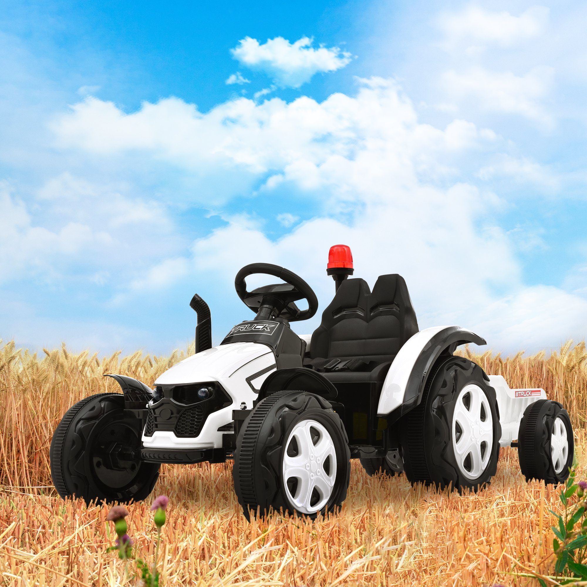 Elektrischer Traktor WORKERS mit Anhänger, Rot, Hinterradantrieb,  12-V-Batterie, Rädern, breitem Sitz, 2,4-GHz-Fernbedienung, MP3-Player mit  Bluetooth und SD-Eingang, LED-Leuchten