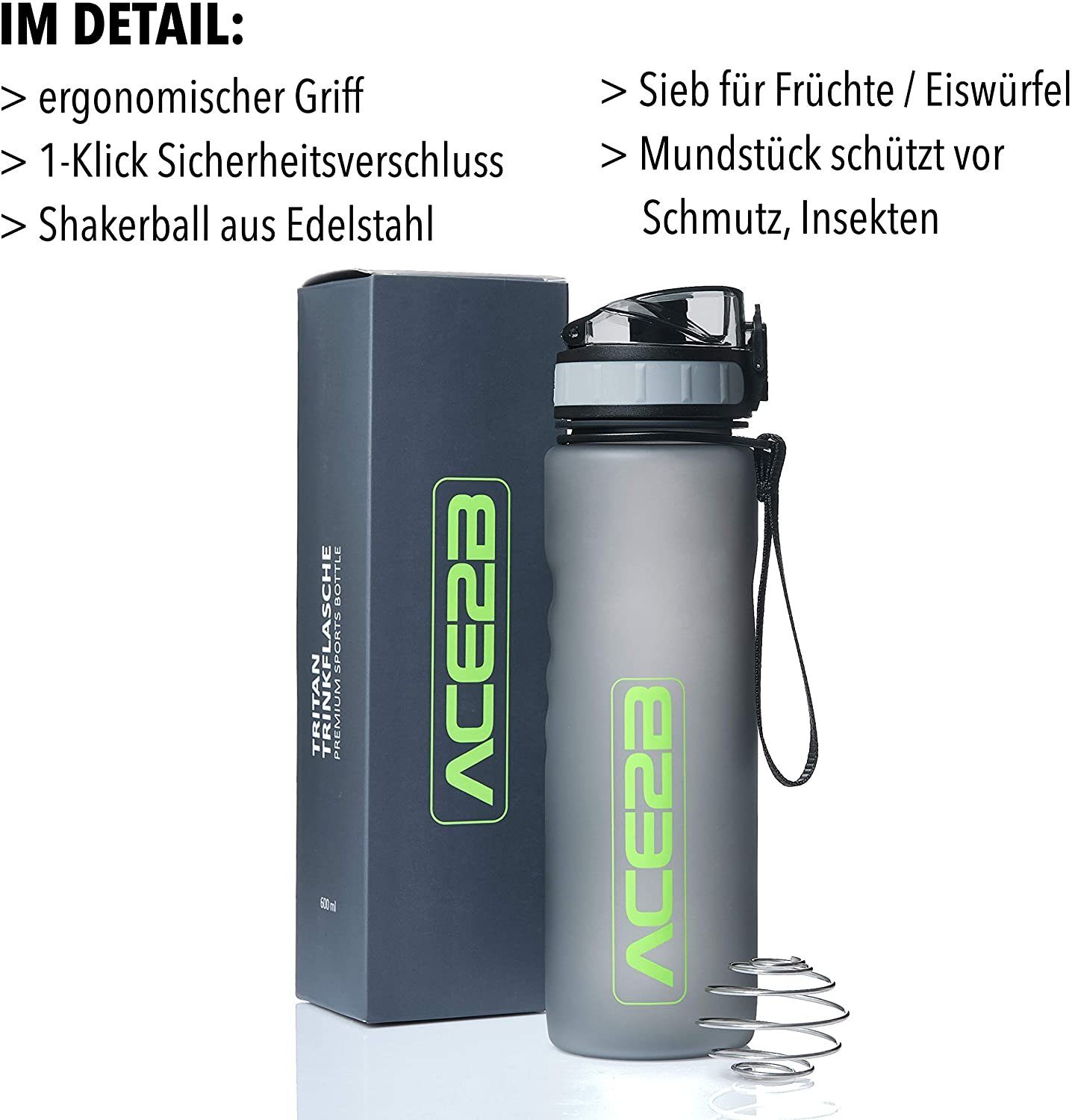 Ace2b Trinkflasche 800 Ml Mit Shaker-Ball – Sportflasche Aus Tritan, BPA-frei, Auslaufsicher, Inkl. Früchtesieb