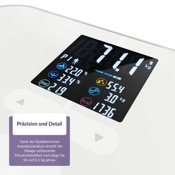 TrueLife Körper-Analyse-Waage FitScale W7 BT White, hochwertiges ITO-Glas, Farb-LCD-Display, 19 gemessene Körperindizes, Übersichtliche Diagramme und Statistiken