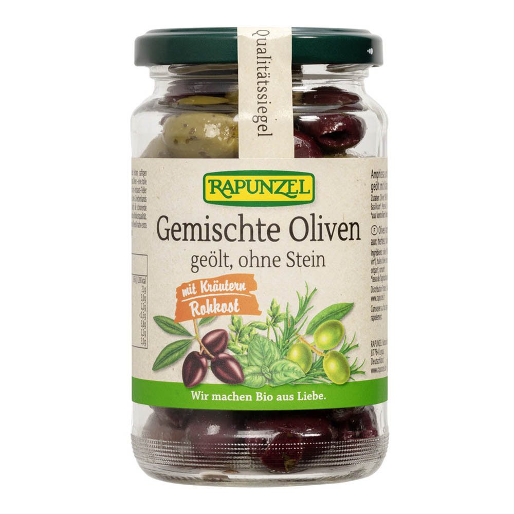 Rapunzel Antipasti Gemischte Oliven mit Kräutern ohne Stein geölt 170g