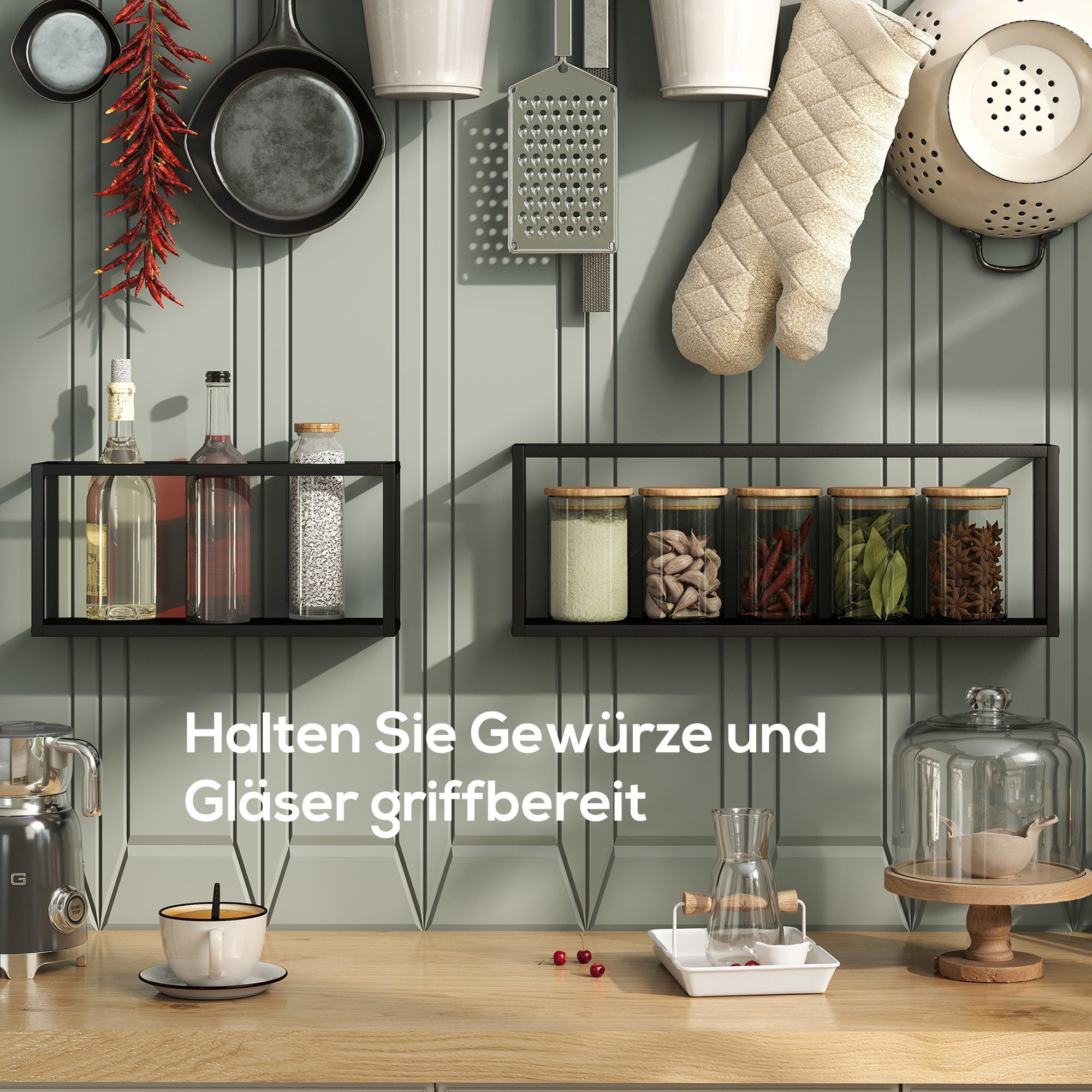 HOMCOM Standregal Wandregal Schweberegal aus Stahl, Wandboard, Regalbrett für Küche, Aufbewahrungsregal 2-tlg., für Wohnzimmer, Schlafzimmer, Schwarz – Bild 5 von 5