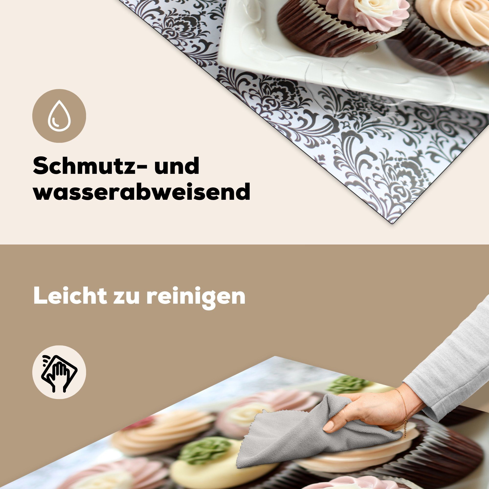 MuchoWow Herdblende-/Abdeckplatte Schokoladen-Cupcakes mit Arbeitsplatte Teller cm, Vinyl, mit 78x78 Ein Zuckerguss, küche tlg), für (1 Ceranfeldabdeckung