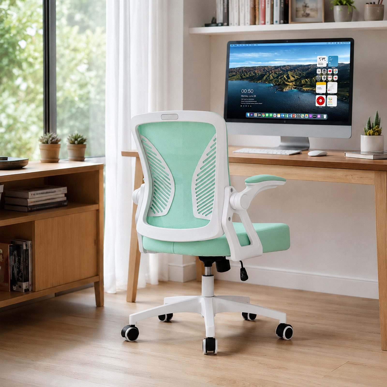 Milacyee Bürostuhl Ergonomischer Bürostuhl mit 90° klappbaren, gepolsterten Armlehnen (Höhenverstellbarer Atmungsaktiv Chefsessel mit geräuscharmen Rollen,Drehstuhl mit dynamische Rückenstütze), Platzsparend, Atmungsaktives Mesh, 150 kg Belastbarkeit