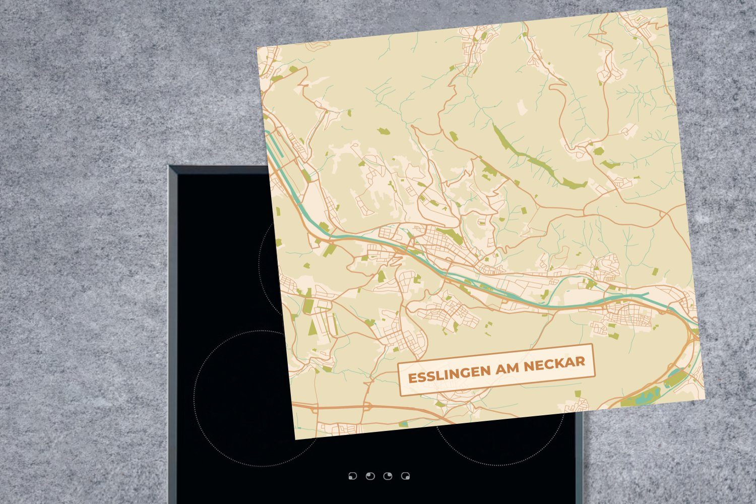- Karte Herdblende-/Abdeckplatte Esslingen Ceranfeldabdeckung, Vinyl, für cm, 78x78 - - (1 am Vintage Stadtplan, tlg), Arbeitsplatte MuchoWow Neckar küche