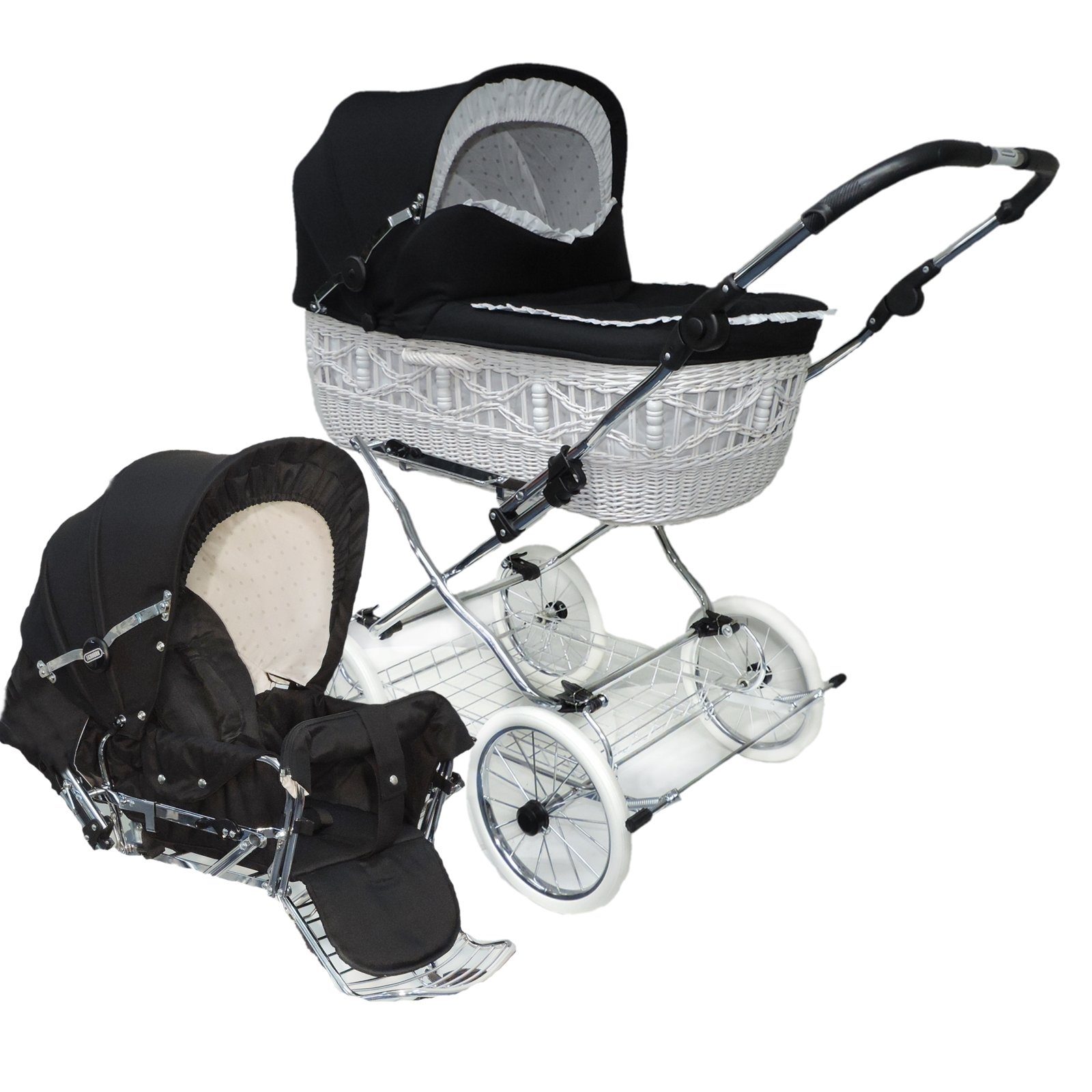Kombi-Kinderwagen Retro Korbkinderwagen Komplett-Set "Senator", Weide Weiß