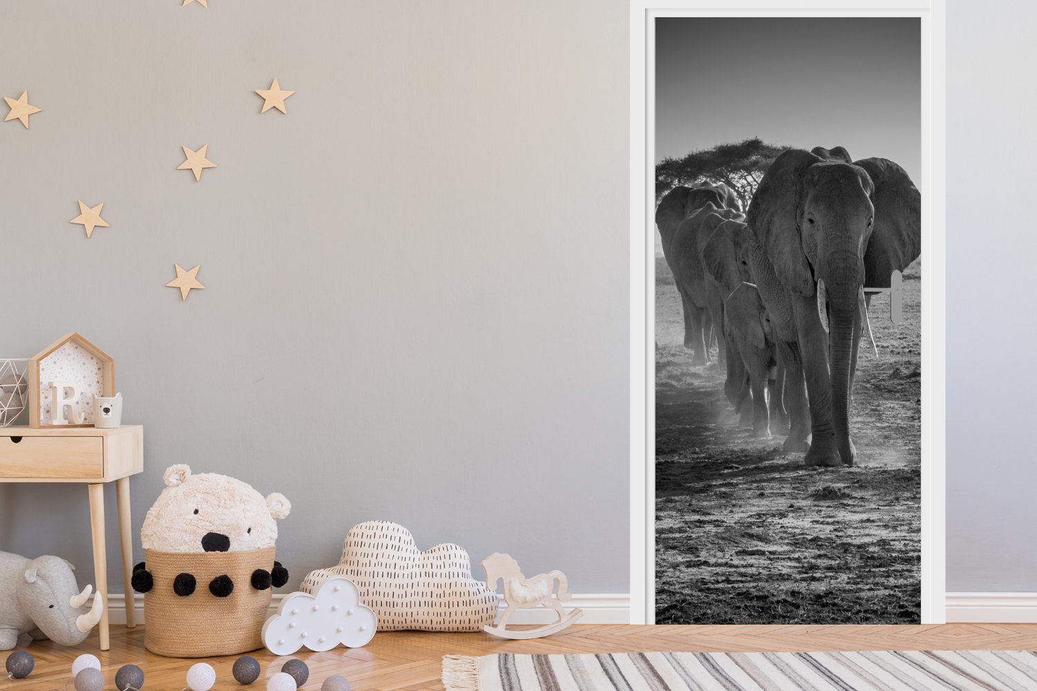 für - Matt, Fototapete St), Schwarz MuchoWow 75x205 - - Einfarbig Türtapete bedruckt, - Elefant Tiere Weiß, (1 cm Tür, Türaufkleber,