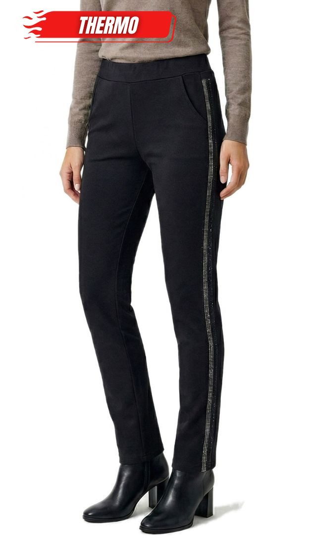 dy_mode Thermohose Damen Thermo Hose mit Glitzer Streifen Warm gefütterte Winterhose in Unifarbe, Middel Waist, mit Innenfutter, mit elastischem Bund