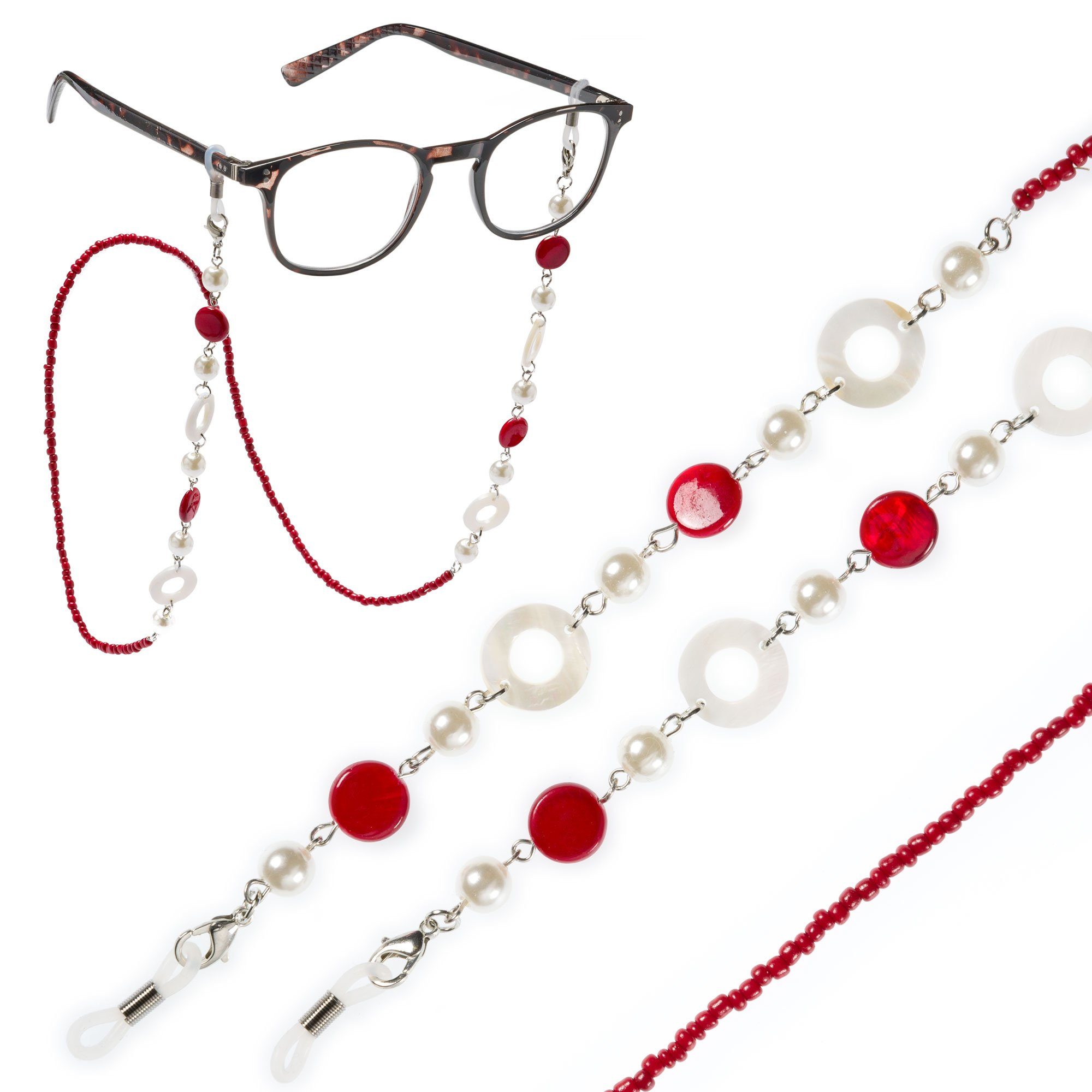 FEFI Brillenkette "ELLA" mit echtem Perlmutt und synth. Perlen, in goldfarbenem Organza-Säckchen + Faltschachtel