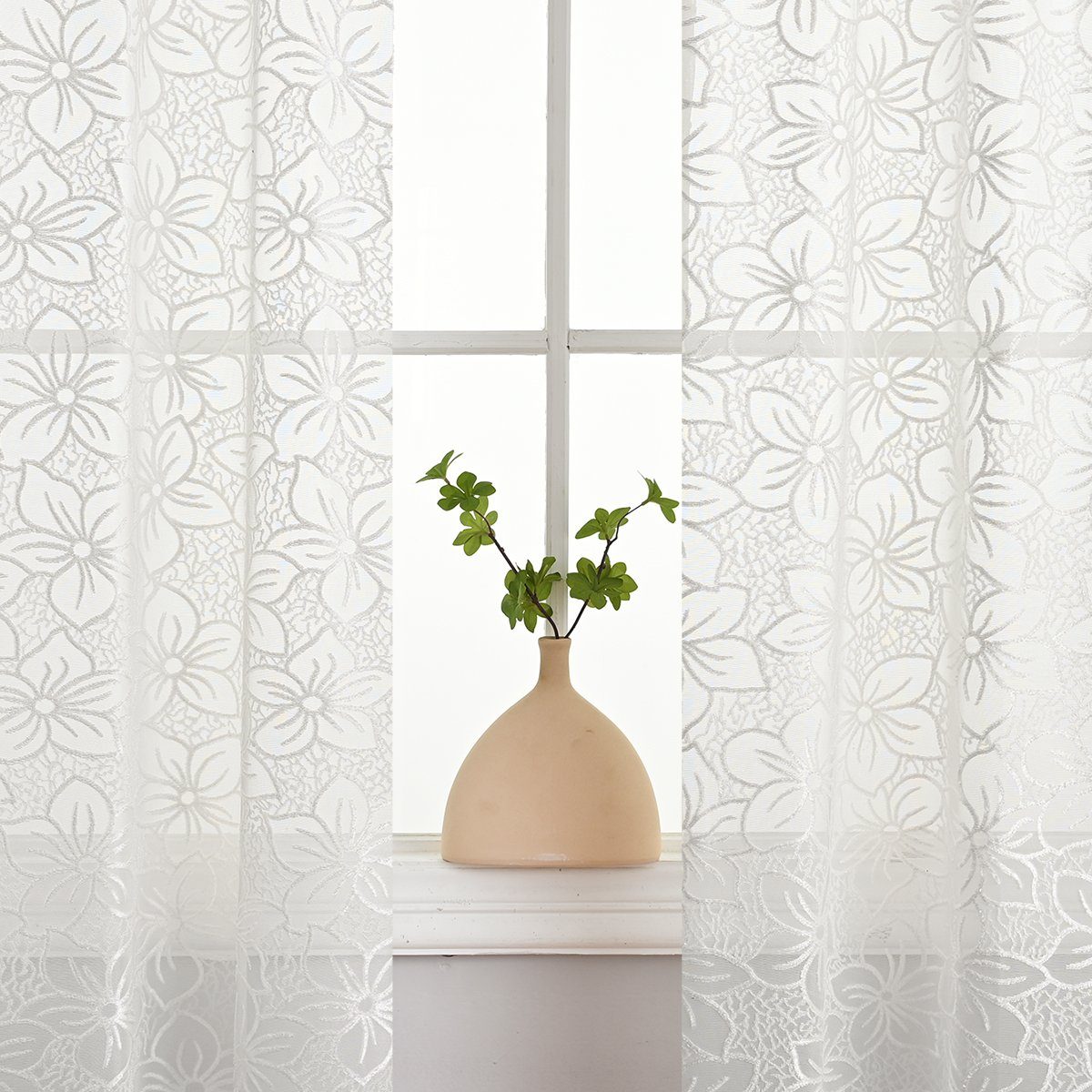 Gardine, HOMEIDEAS, Stangendurchzug Blumen halbtransparent, Weiß Jacquard St), (2