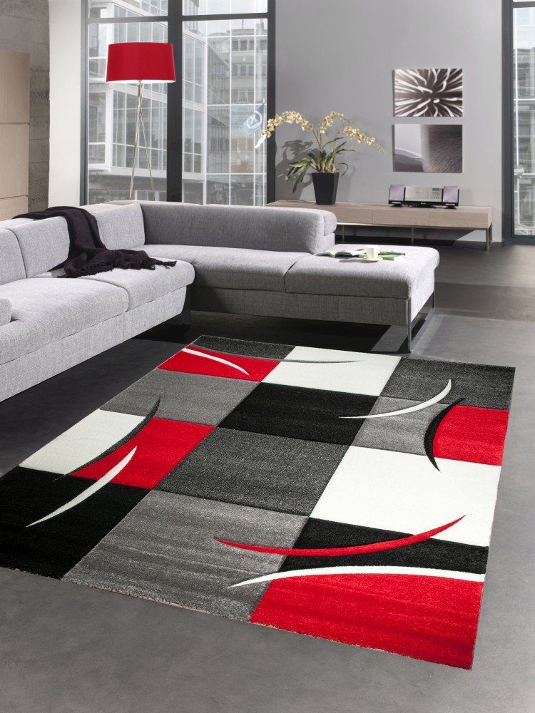 Teppich Designer Teppich Wohnzimmerteppich karo rot grau creme schwarz