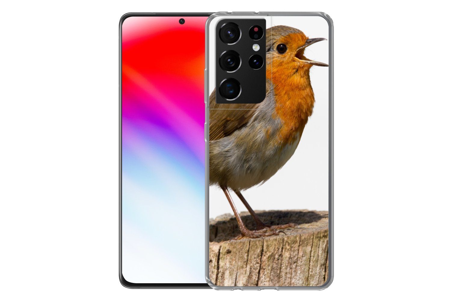 MuchoWow Handyhülle für Samsung Galaxy S21 Ultra Rotkehlchen - Vogel - Holz, Phone Case, Silikon, Schutzhülle Dünn
