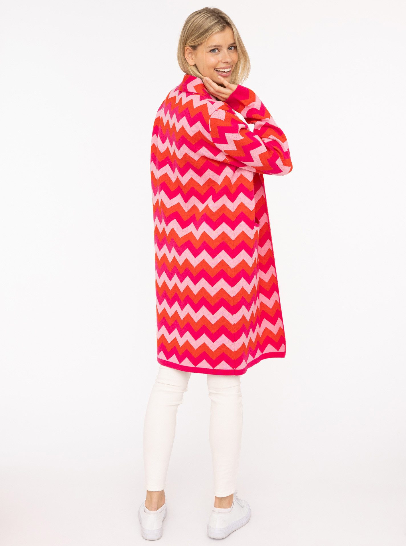 Zwillingsherz Longstrickjacke Zick-Zack-Muster, Schalkragen, Taschen, Langarm, knielang