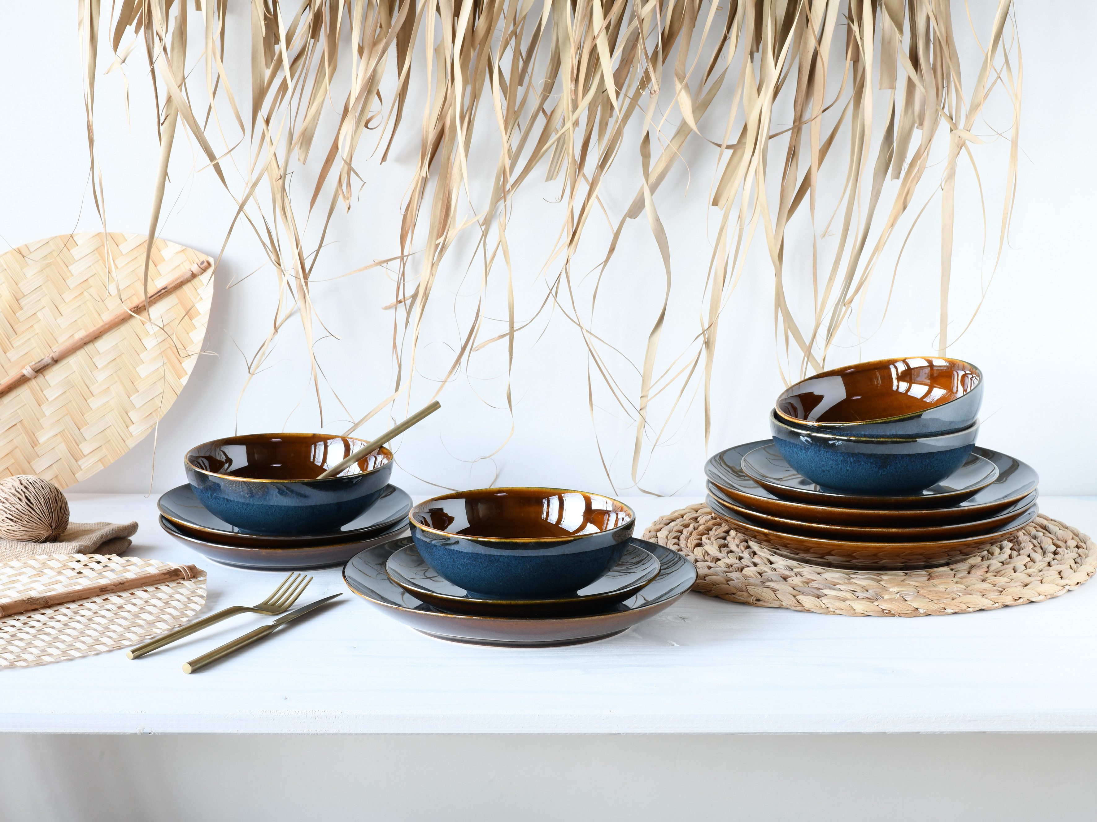 CreaTable Teller-Set Mallorca, Teller Set 12-tlg (12-tlg), 4 Personen, Steinzeug, Spezialglasur mit Vintage Außenrand