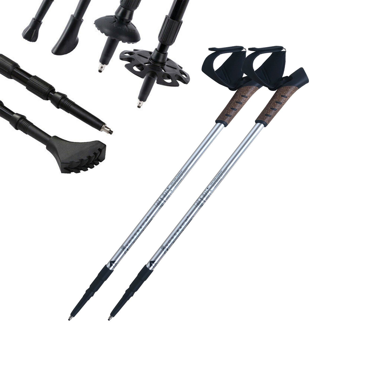 VOSSBACH Wanderstöcke Nordic Walking (1x Paar, Inkl. 12 Untergrund Aufsätze), Anti-Schock Federung