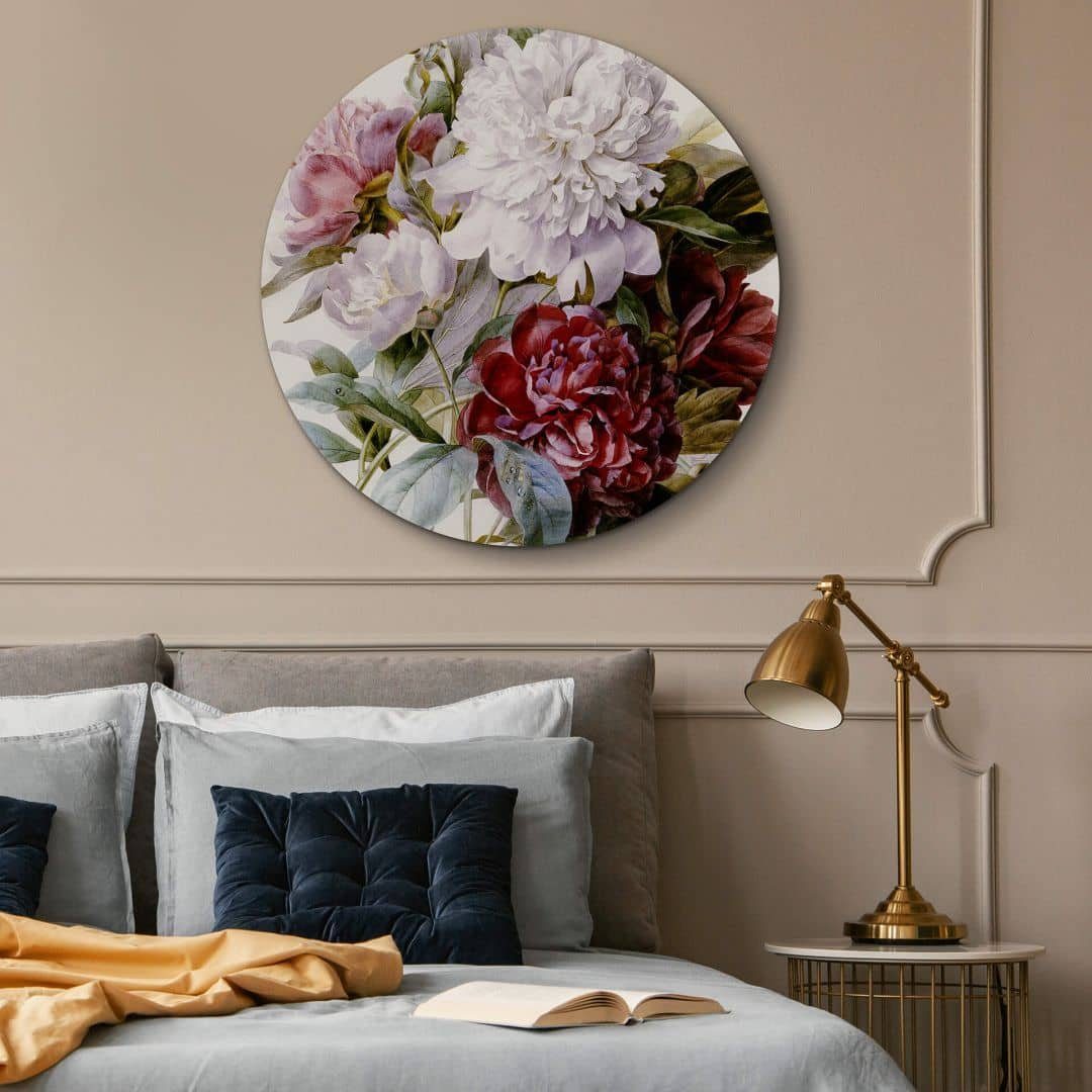 K&L Wall Art Alu-Dibond-Druck Metallposter Pfingstrosen Blumen Vintage Rosenstrauß Redouté, Metalloptik Wandbild Ø 30cm