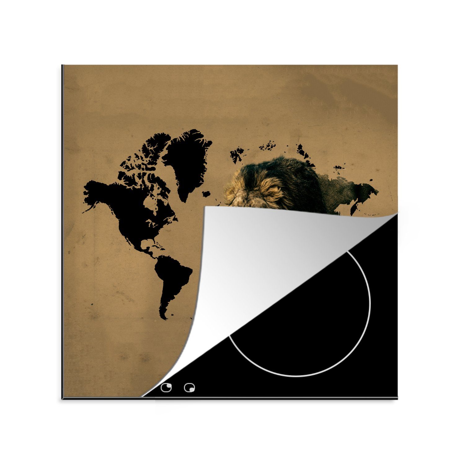 MuchoWow Herdblende-/Abdeckplatte Weltkarte - Löwe - Braun, Vinyl, (1 tlg), 78x78 cm, Ceranfeldabdeckung, Arbeitsplatte für küche