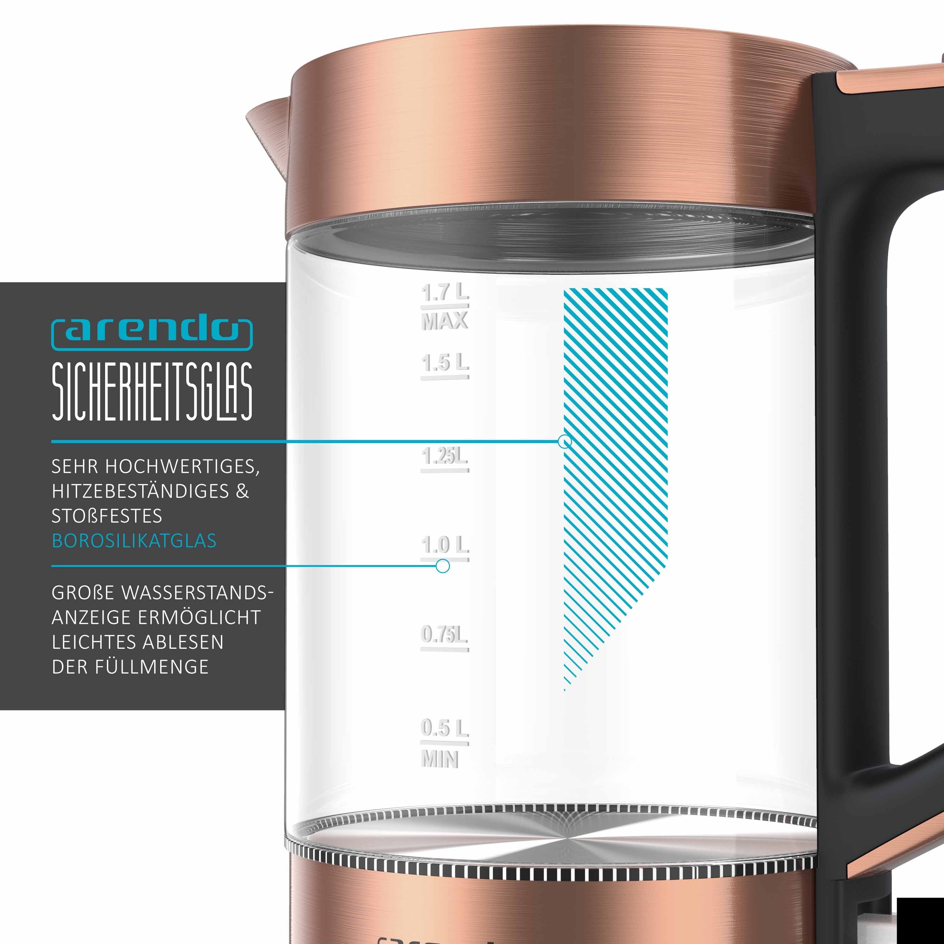 Arendo Wasserkocher aus Glas & Edelstahl, Cool-Touch-Griff, Füllstandsanzeige, Kupfer, 1,7 l, 2200 W, Überhitzungsschutz, One Touch Verschluss, automatische Abschaltung