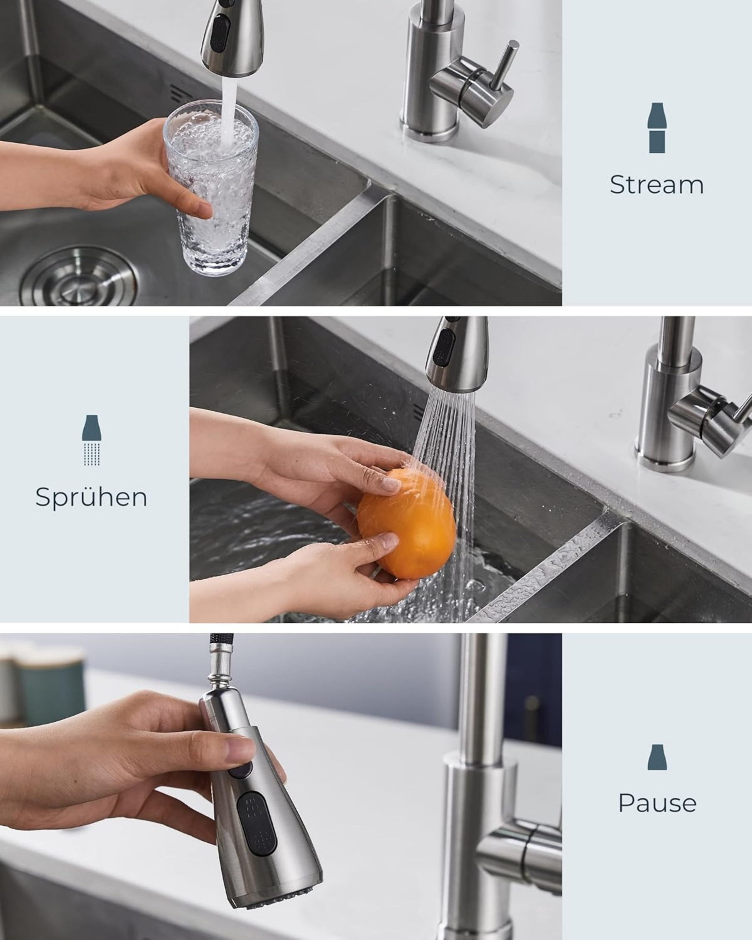 RUHE Küchenarmatur Wasserhahn Küche Hochdruck Küchenarmatur Herausziehbarer Brause 2 Modi (Armaturenset, 1-St., Set inklusive Küchenarmatur ausziehbarer Brause und Gegengewicht) Ausziehbare Edelstahl-Brause 360° schwenkbar G 3/8 Hochdruck