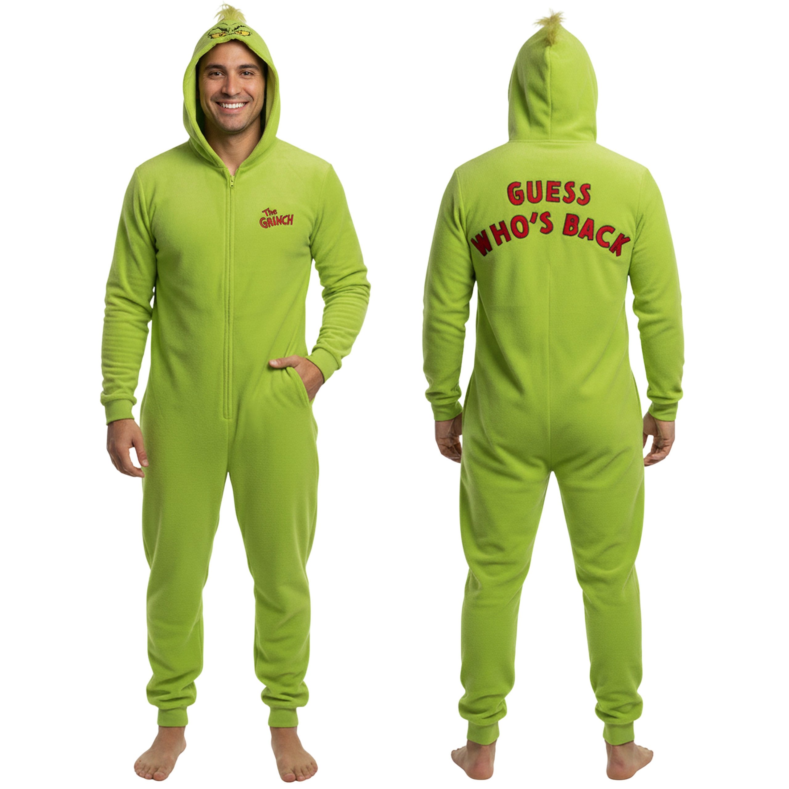 Sarcia.eu Pyjama Grinch Fleece-Einteiler für Herren mit Kapuze und Reißverschluss