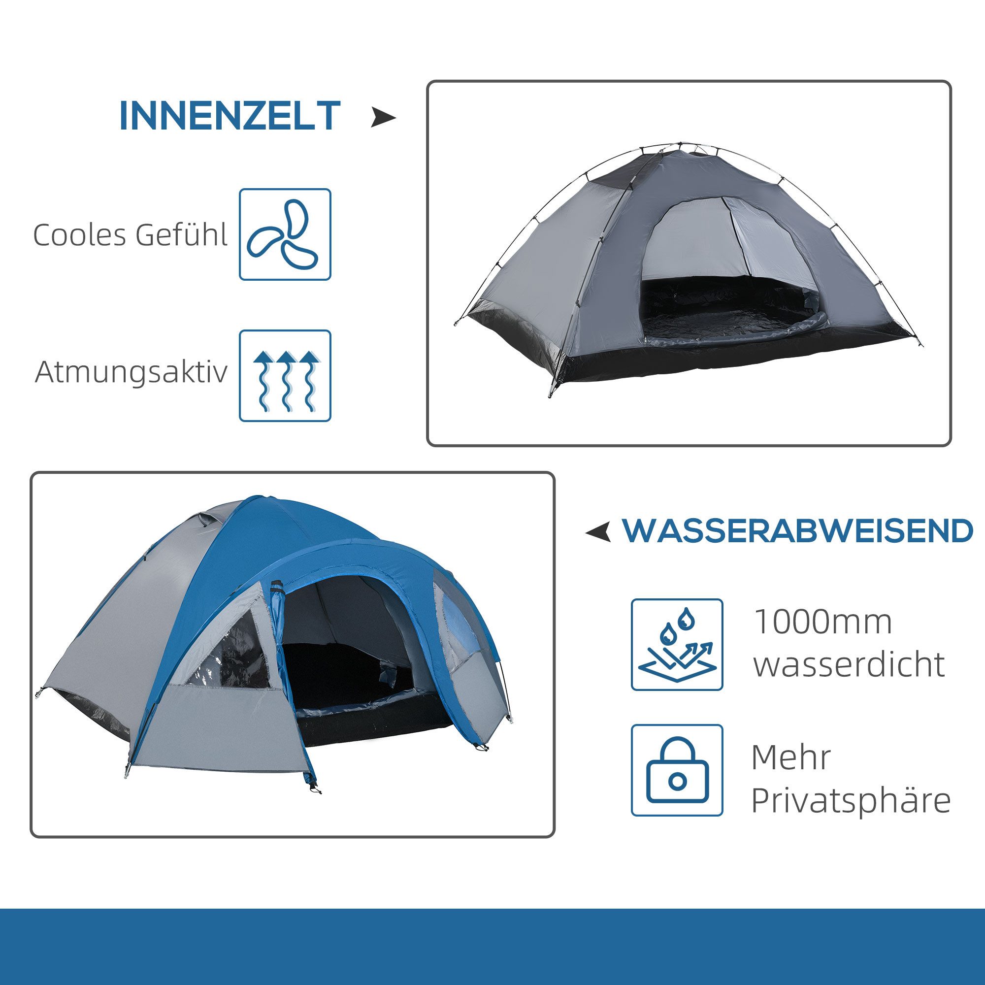 furnicato Gruppenzelt Campingzelt 4 Personen 250x300x130 cm Blau-Grau, (1 tlg), Geräumiges Zelt mit Vorraum, Fliegengittern und Innentaschen