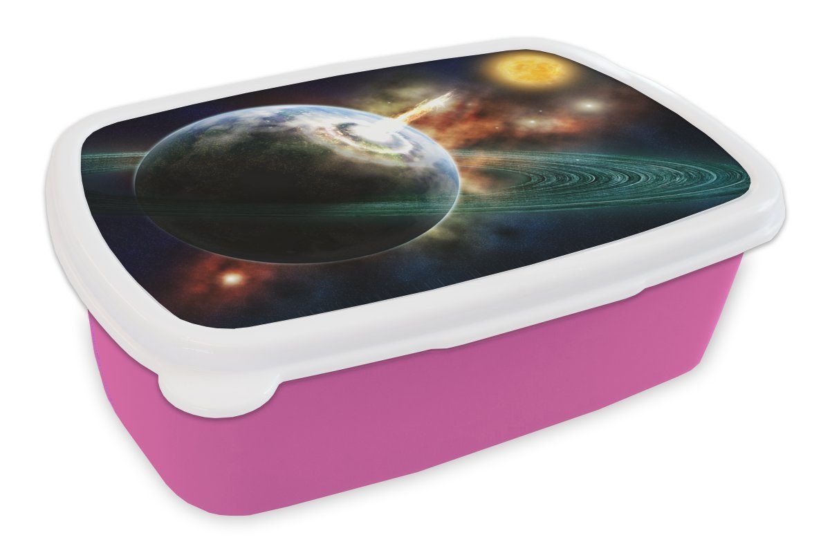 Brotdose Snackbox, Lunchbox Brotbox MuchoWow Kunststoff, rosa Mädchen, Erwachsene, Kinder, (2-tlg), für Kunststoff Meteoriteneinschläge,