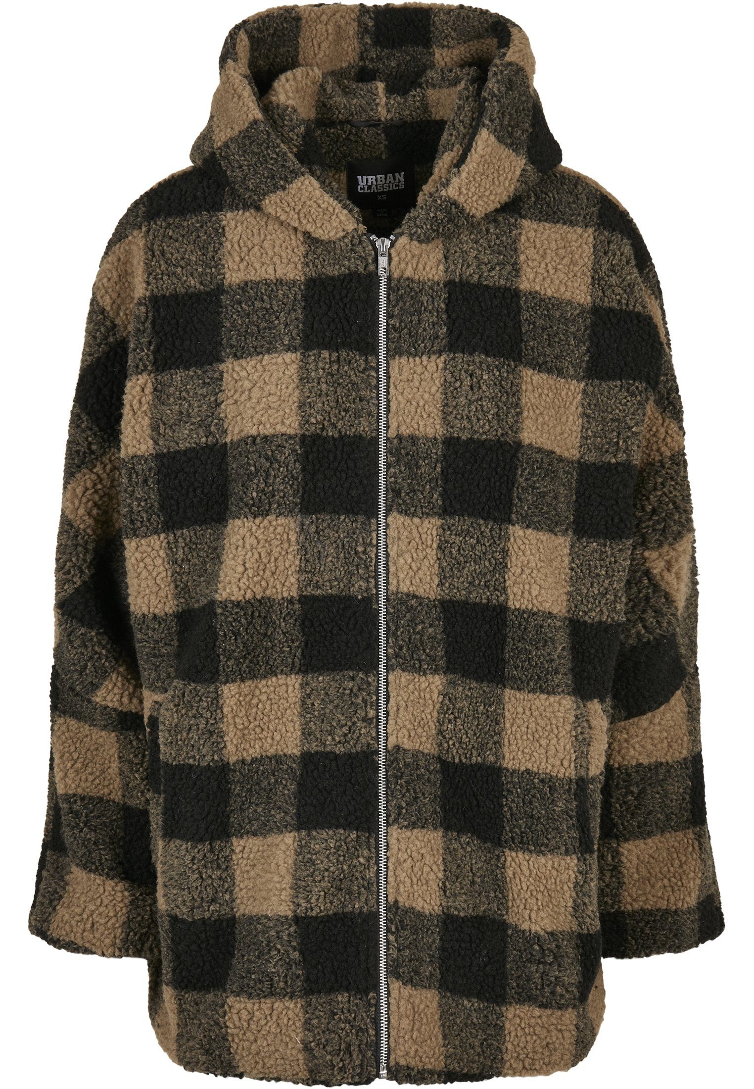 Winterjacke Ladies URBAN Damen CLASSICS softtaupe/black Sherpa Check Hooded Oversized Jacket (1-St)