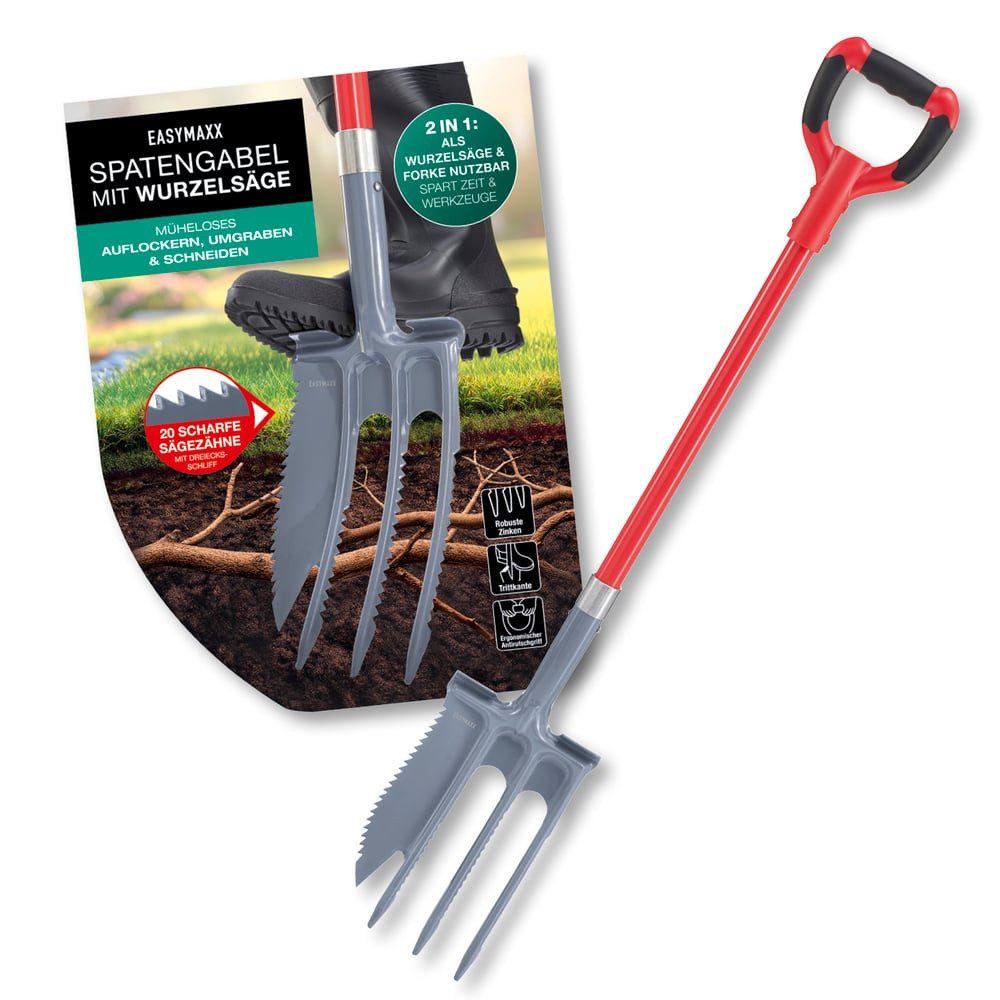 EASYmaxx Spaten Spatengabel 114cm schwarz/rot/grau mit Wurzelsäge, (1-St), Gartenschaufel & Gartenspaten - clevere Trittkanten - graben & sägen