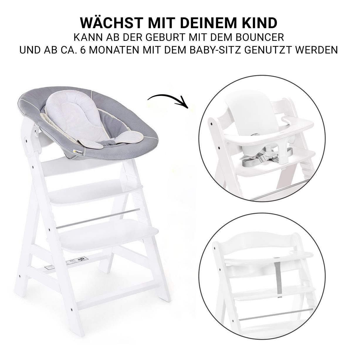 Hauck Hochstuhl Alpha Plus Newborn Set - White, Holz Babystuhl ab Geburt mit Neugeborenenaufsatz, Essbrett & Baby Seat – Bild 3 von 5