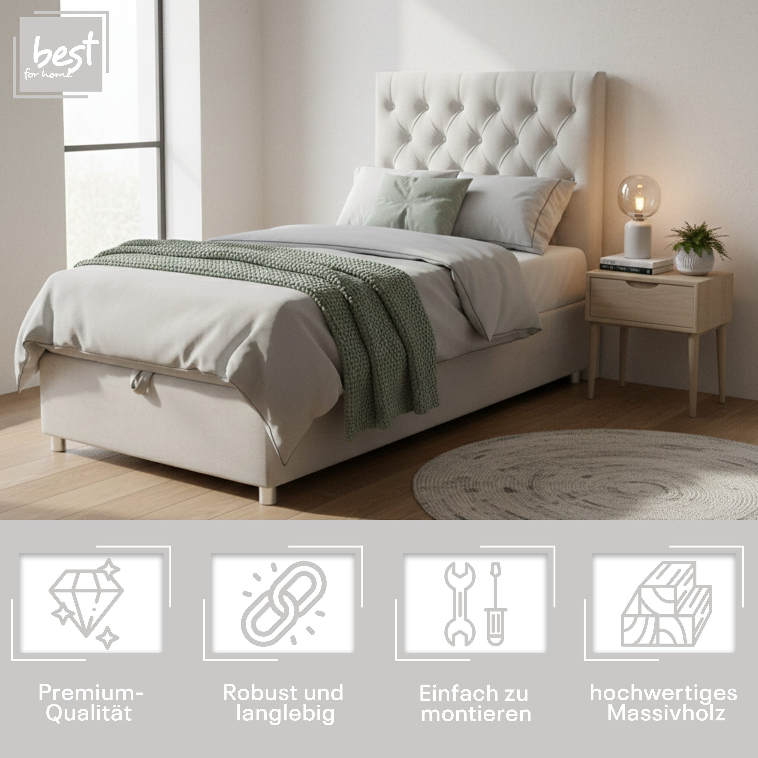 Best for Home Boxspringbett Boxspringbett mit Bettkasten K-14 SINGLE inkl. Bonell-Matratze (Einzelbett, Polsterbett gepolstertes Kopfteil, Jugendbett, Kinderbett, 70x200 80x200 90x200 100x200 cm), Handwerksqualität, TOP Preis-Leistungs-Verhältnis