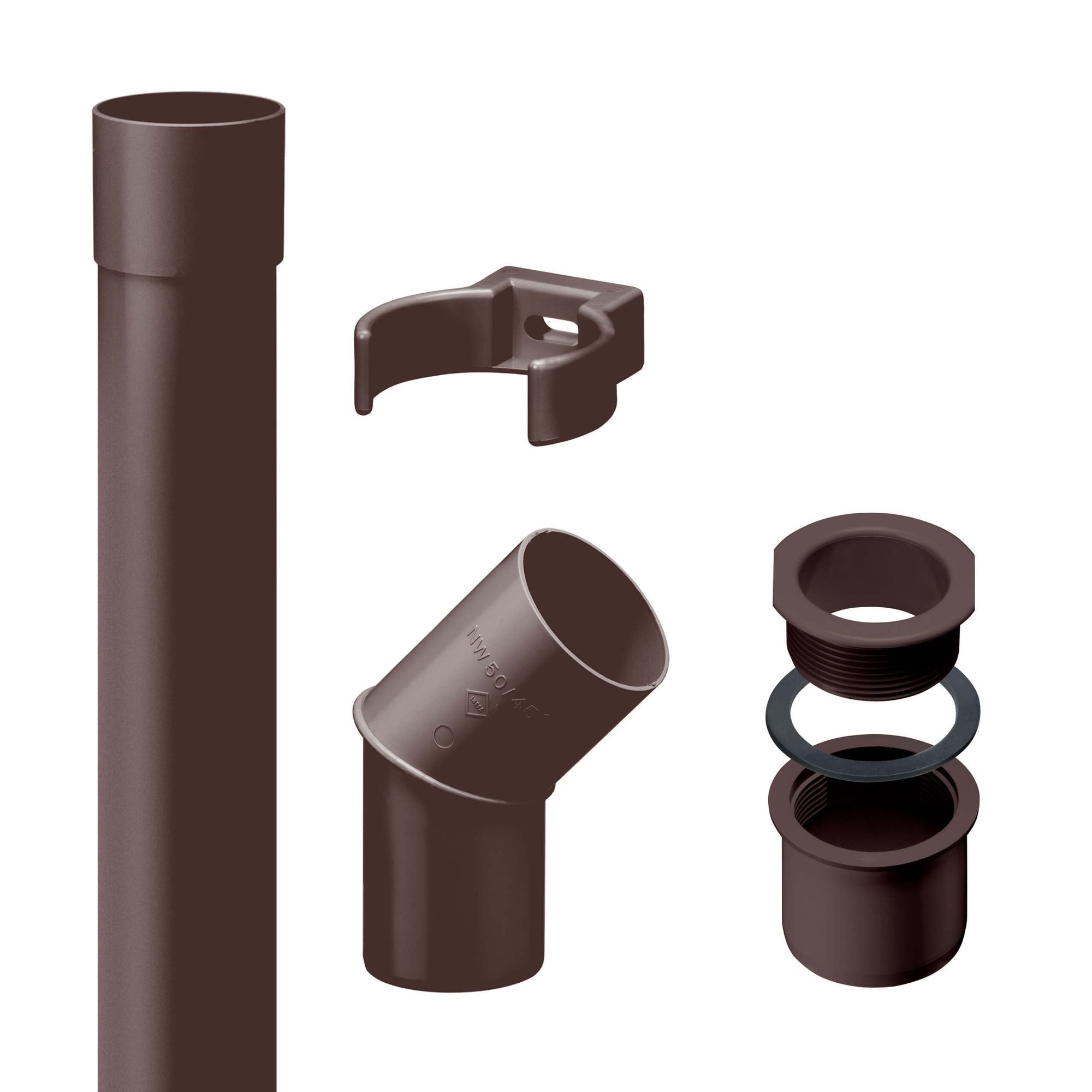 INEFA Regenfallrohr Fallrohr Set DN50 / 50mm, (Dunkelbraun), Regenrohr-Set aus PVC-U, Dachrinnenzubehör, einfache Steckmontage