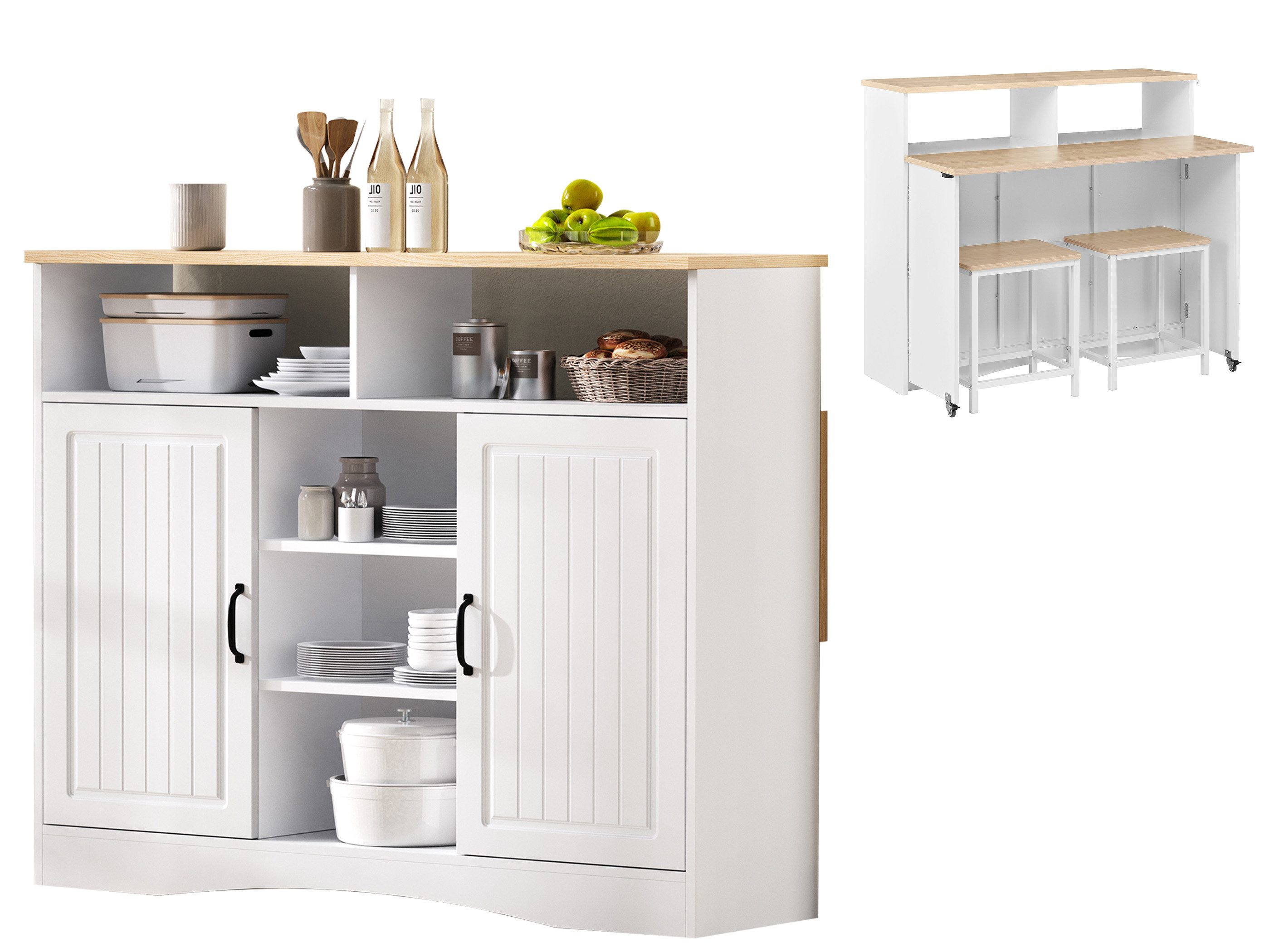 SeedWave Kücheninsel Freistehender Küchenschrank mit 110cm Klapptisch, 2 Hockern, Essgruppe inkl. Sitzgelegenheit, Stauraum, Türregale