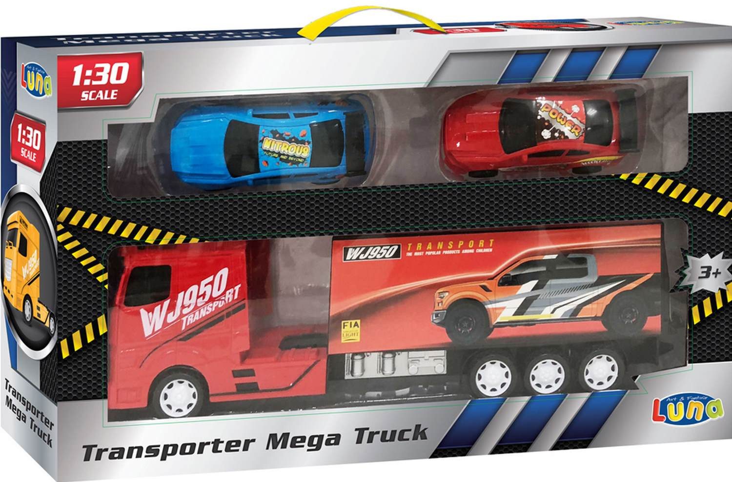 Diakakis Spielzeug-Transporter Lastwagen 40cm Frontlenker Auflieger 2 Rennwagen