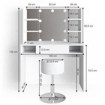 Vicco Schminktisch Frisiertisch Kosmetiktisch DAENERYS Weiß Spiegel Hocker LED