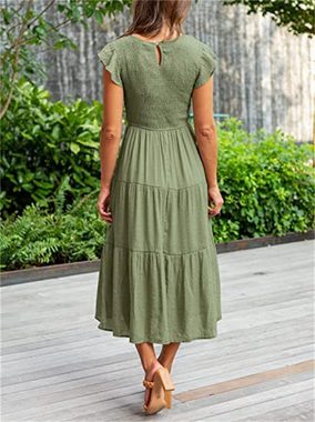AFAZ New Trading UG Abendkleid Gesmoktes, mehrlagiges, langärmliges Damenkleid Bodenlanger Rock mit Taschen Freizeit Strandkleid