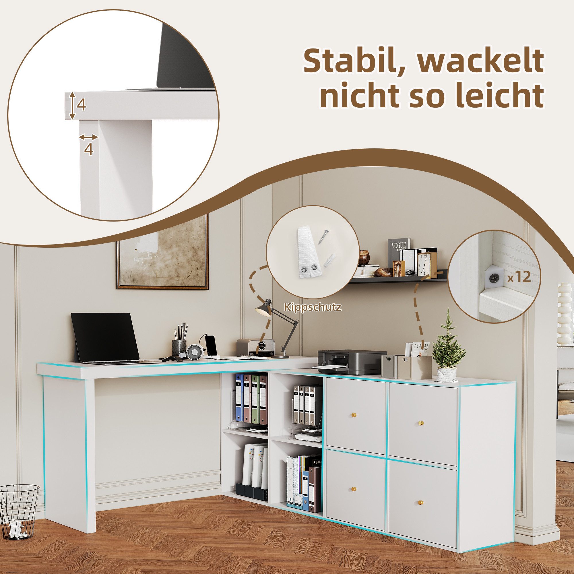 Flieks Schreibtisch 360° drehbar Bürotisch mit 4 Schubladen und 4 Fächern (Tischlänge 120xT48xH78 cm/Schranklänge 140xT35 cm, 2-St., 1 Tisch schwenkbar), Comput – Bild 5 von 5
