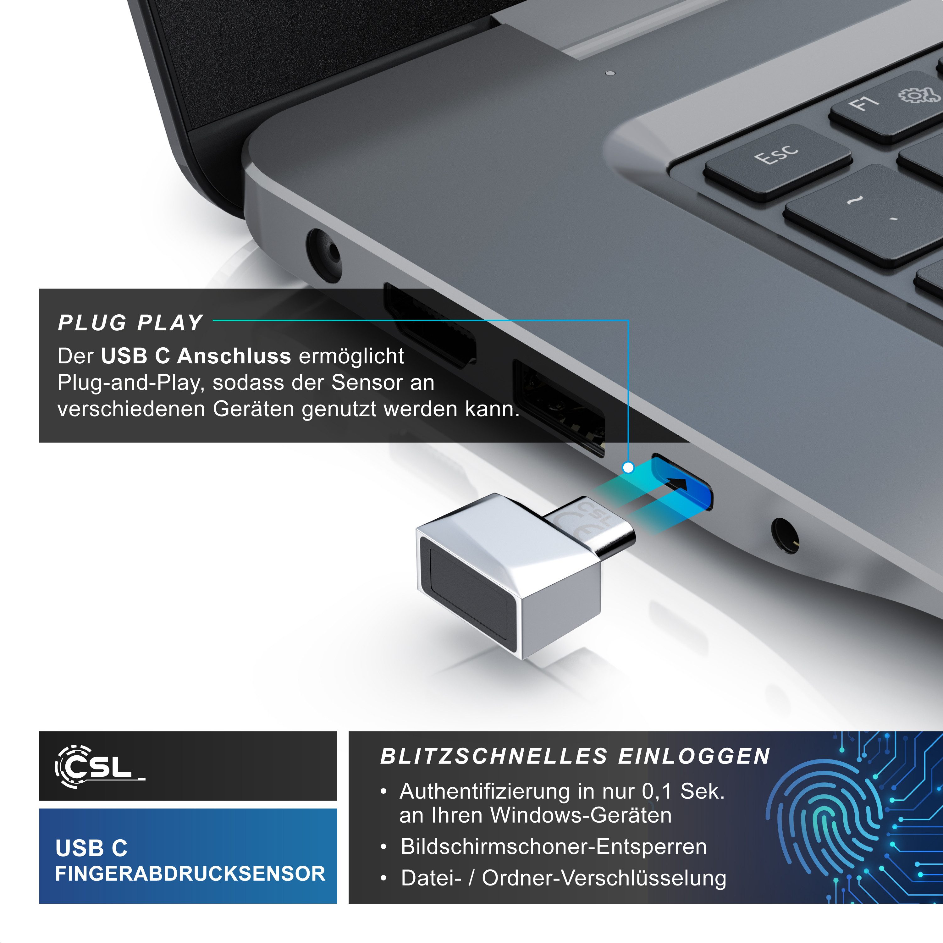 CSL Fingerabdrucksensor Fingerabdruckleser bis zu 10 IDs, biometrische Authentifizierung, (1-St), Windows 11 Hello Anmeldung, Plug & Play, 360° Rundumerkennung, USB-C