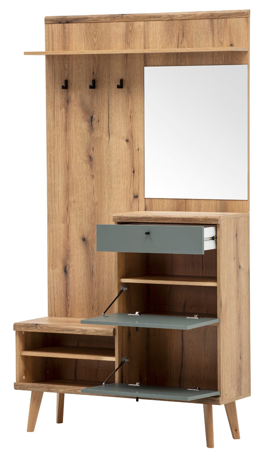 Furn.Design Kompaktgarderobe Juna (Garderoben Set in Evoke Eiche und Salbei grün, 110 x 200 cm) mit viel Stauraum