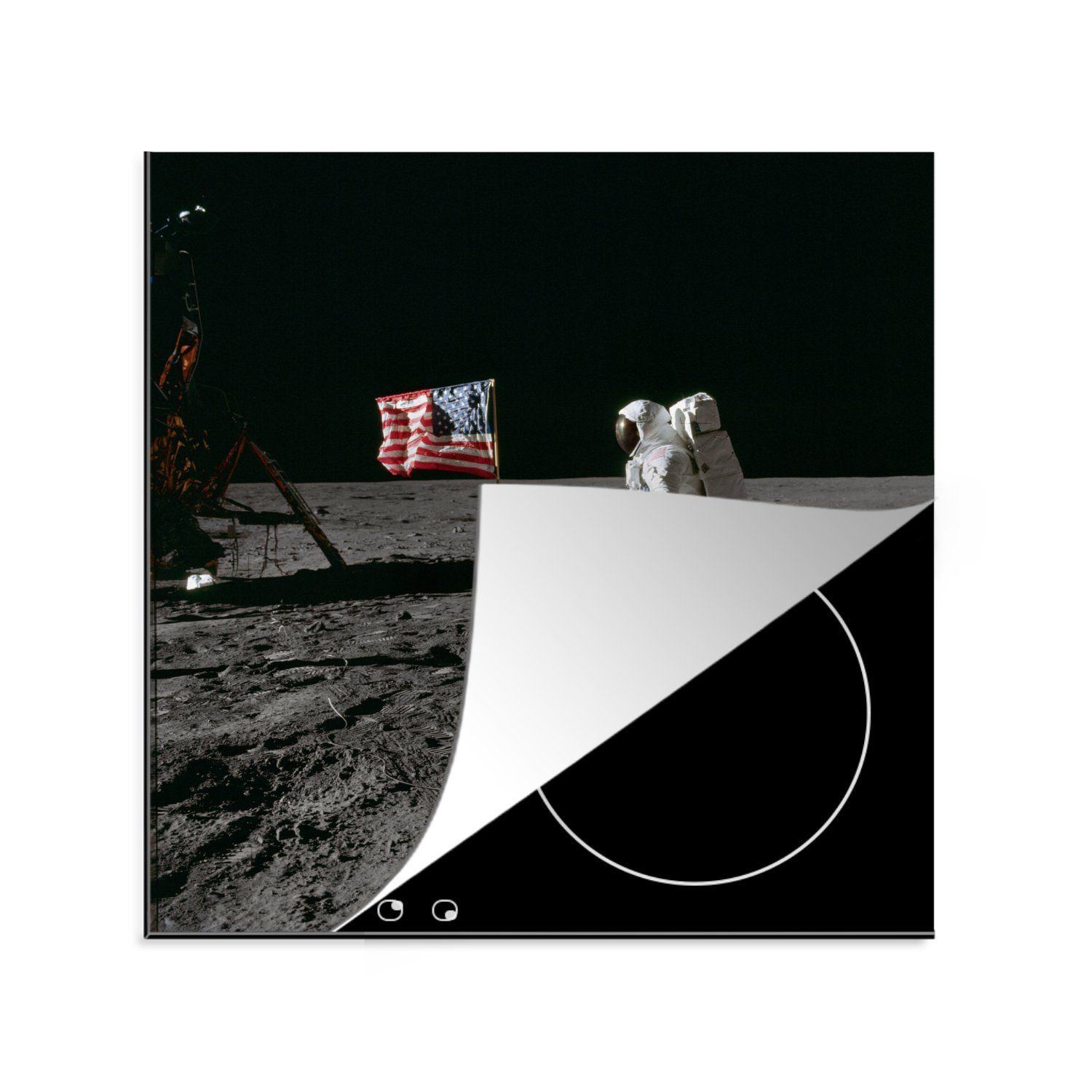 MuchoWow Herdblende-/Abdeckplatte Astronaut - Mond - Flagge, Vinyl, (1 tlg), 78x78 cm, Ceranfeldabdeckung, Arbeitsplatte für küche