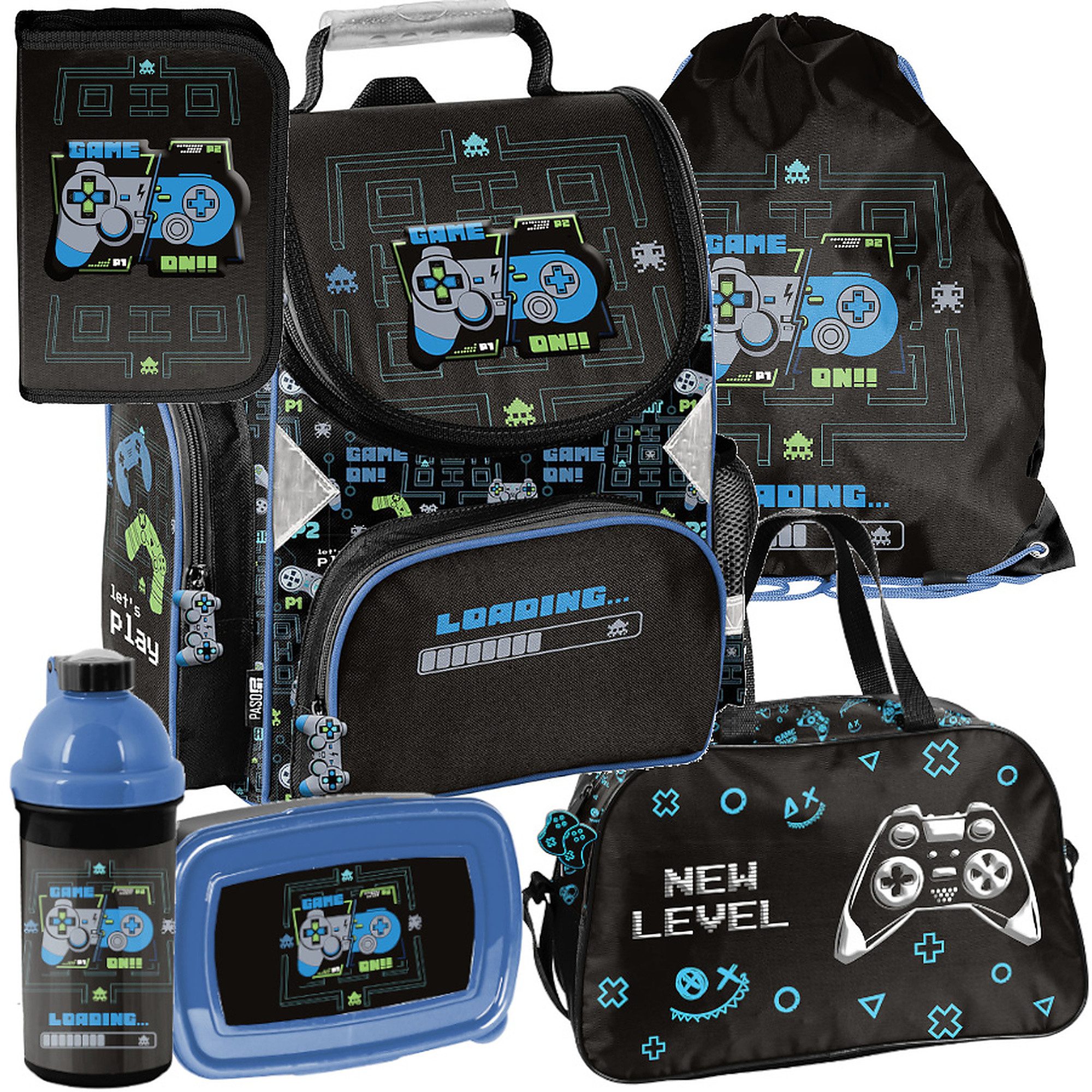 PASO Schulrucksack Mega-Set Game On! Gamer Schulset 6tlg. (Schulranzen + Turnbeutel + Federmäppchen + Lunchbox + Trinkflasche + Sporttasche, 6-tlg)