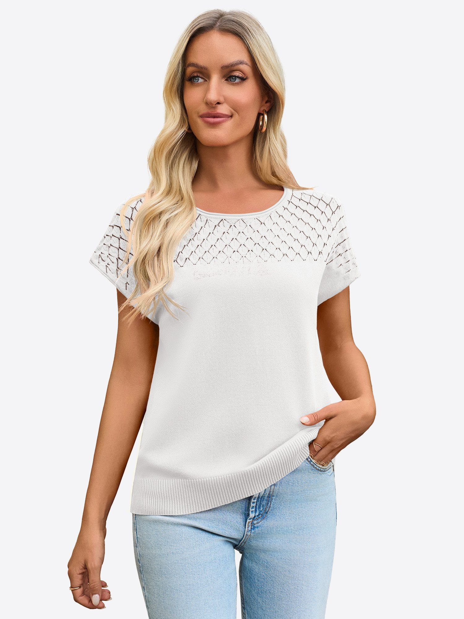 Imily Bela T-Shirt Damen Freizeit Kurzarm Strickshirt (Packung, 1-tlg., 1per-Pack) mit Häkeldetail