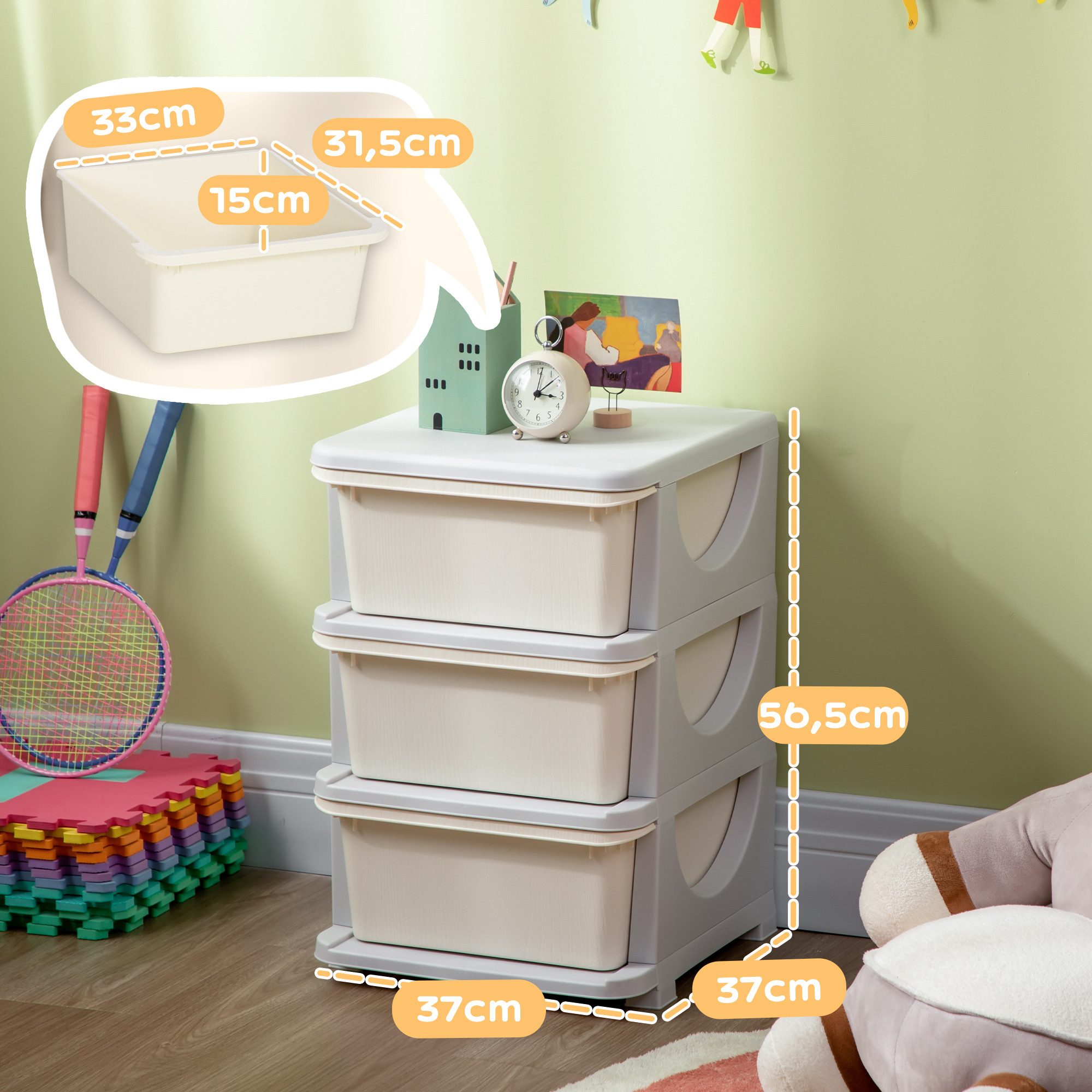 HOMCOM Spielzeugtruhe Schubladenschrank mit Stauraum, Spielzeugkiste, drei Ebenen (Spielzeug-Organizer, 1 St., Aufbewahrungsboxen), für Kinderzimmer 3-6 Jahre Kindermöbel Cremeweiß 37 x 37 x 56,5 cm