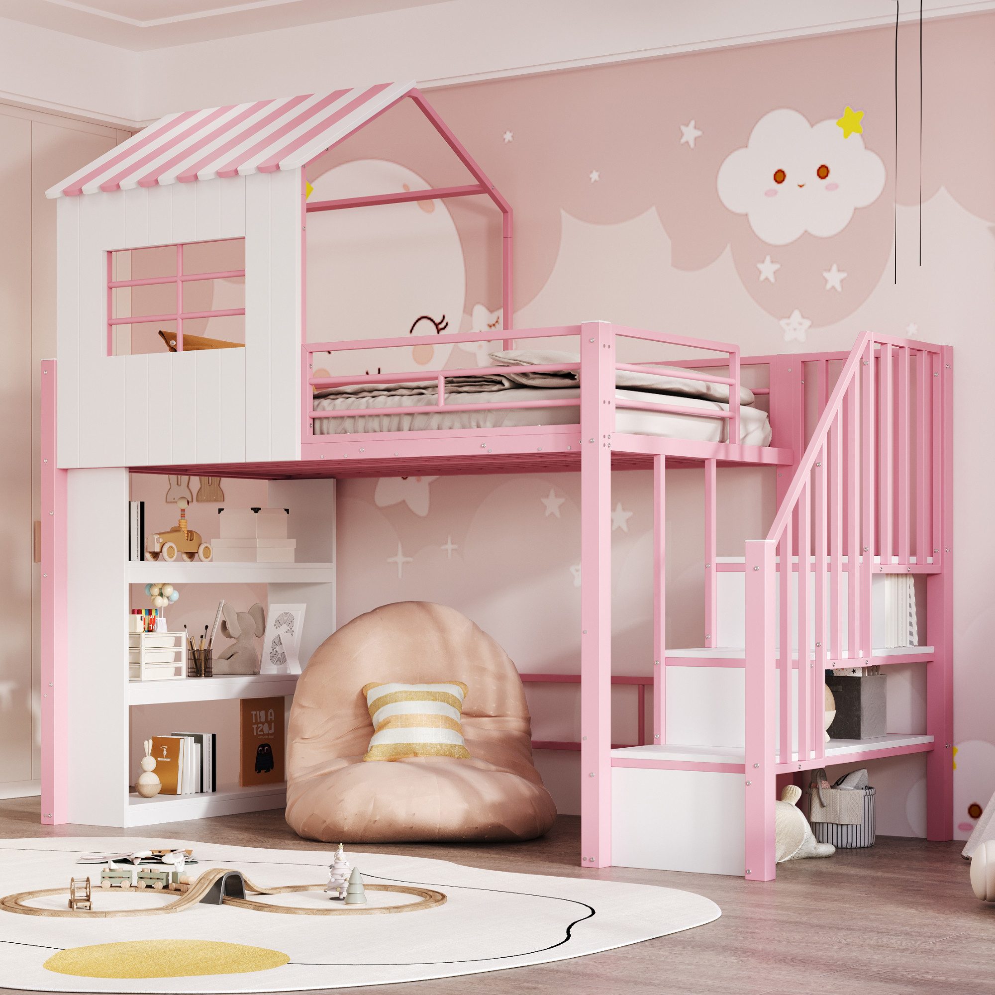 Flieks Hochbett Kinderbett Metall 90×200cm mit Regal & Treppe(montierbar links/rechts)