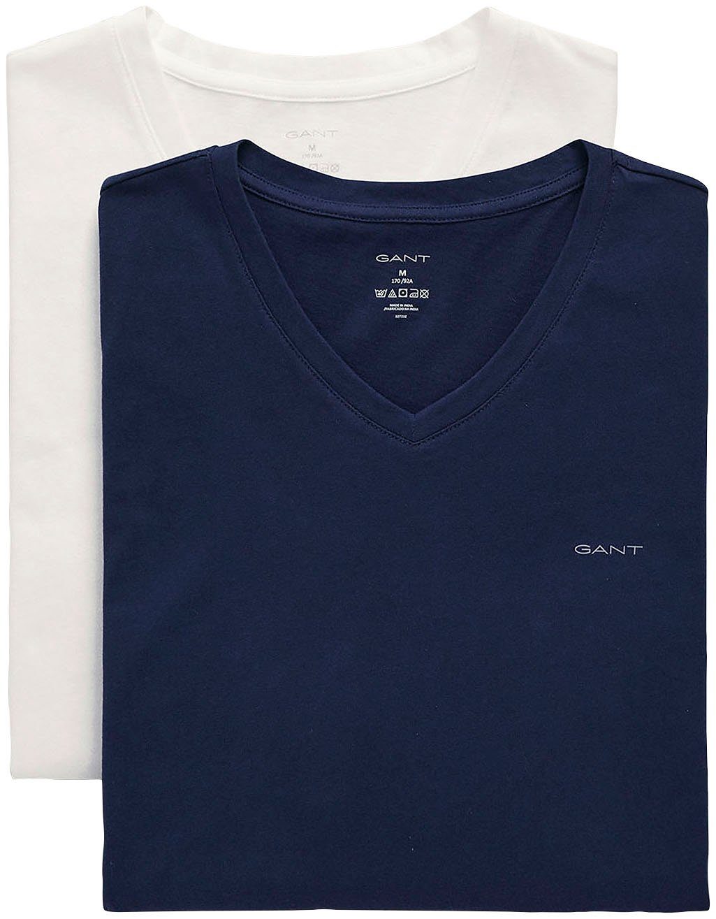 Gant T-SHIRT 2er) (Packung, V-NECK navy/white Brust der Markenlabel auf 2-PACK 2-St., mit Unterziehshirt