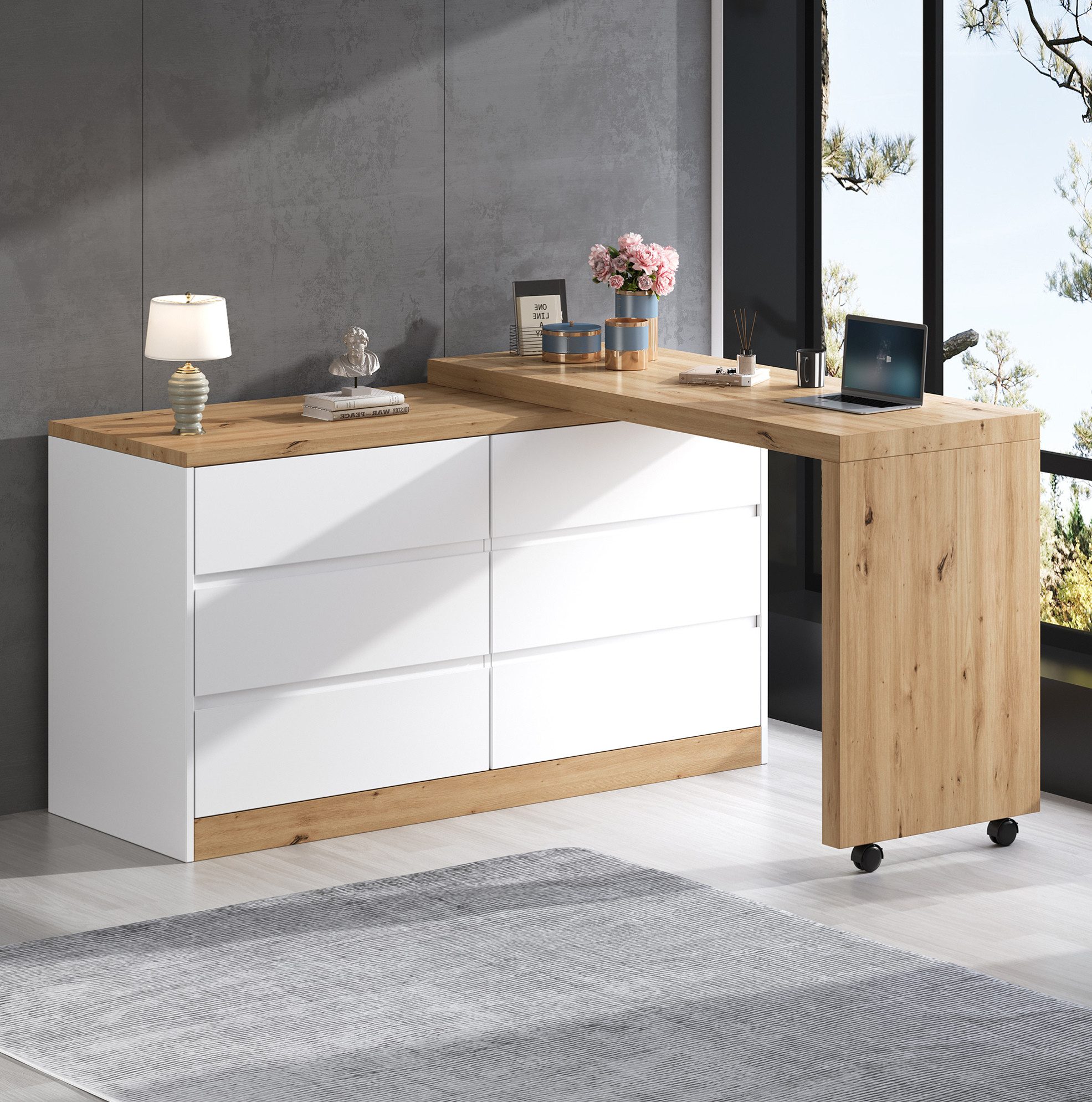 REDOM Eckschreibtisch Design-Tisch – drehbar, 6 Schubladen & Natur-Weiß (Packung, 1-St., Natur+Weiß, 120×78×50 cm, für moderne Räume), 4 cm dicke Platte, Rollen mit Bremsen, vielseitig