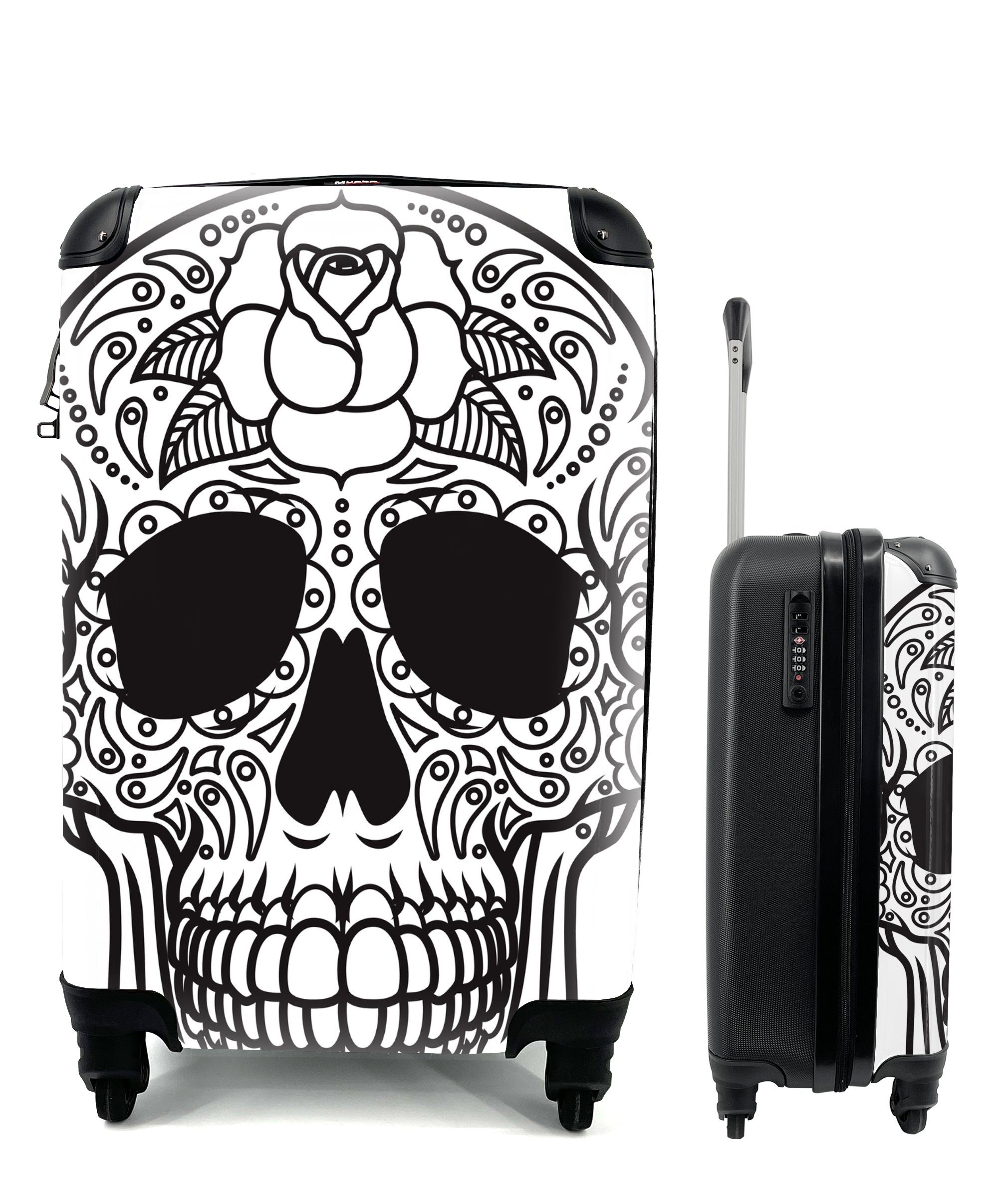 MuchoWow Handgepäckkoffer Eine schwarz-weiße Illustration eines Dias De Los Muertos-Schädels, 4 Rollen, Reisetasche mit rollen, Handgepäck für Ferien, Trolley, Reisekoffer