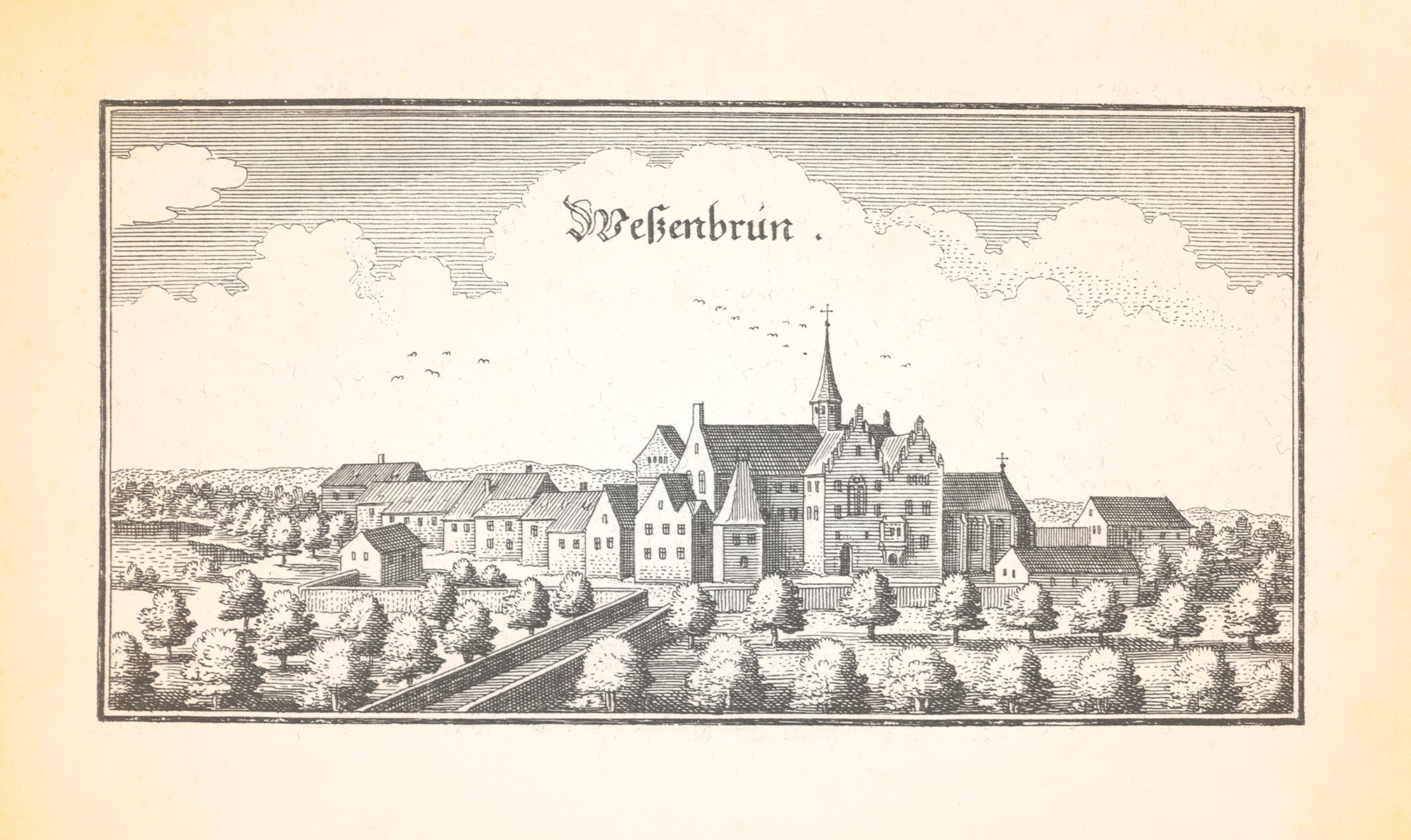 Kunstdruck Weßenbrun Wessobrunn Weilheim Benediktinerkloster Kupferstich Merian 0