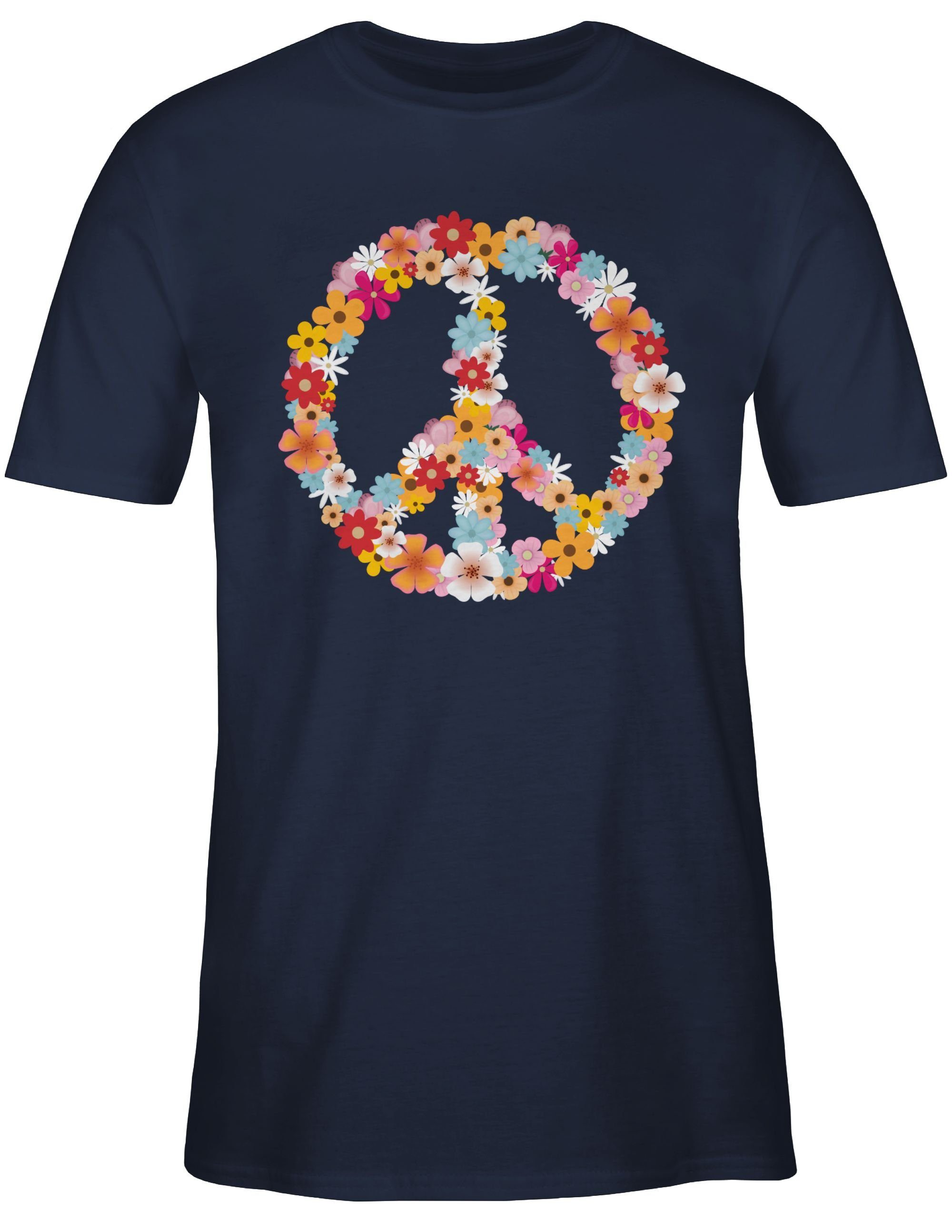Shirtracer T-Shirt Peace Flower Navy 70er Blau Sprüche Hippie Zeichen 03 90er Statement Friedenszeichen - Peace Power